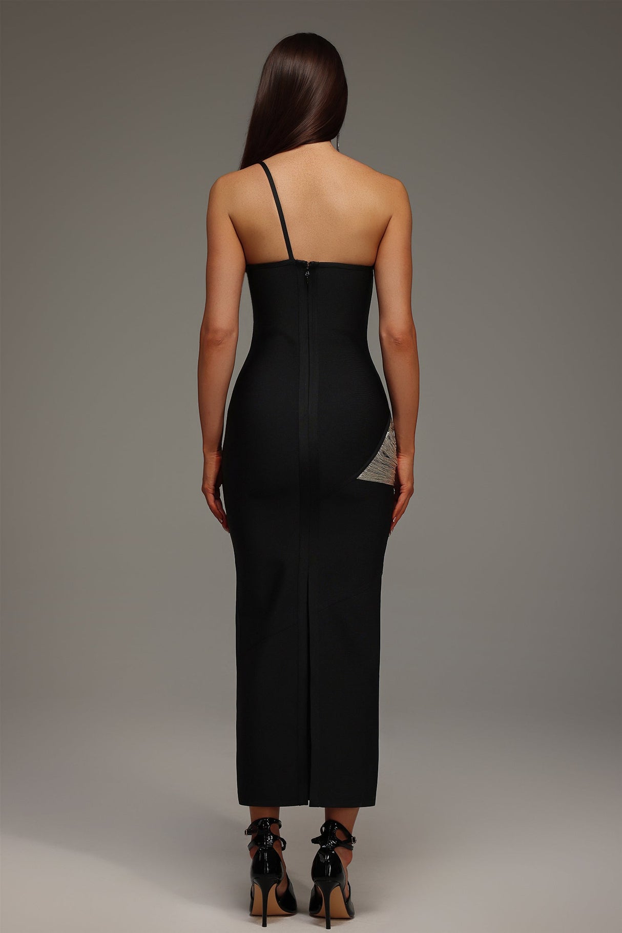 Primula Black One-Shoulder Bandage Dress with Silver Detailing and Tassel Accents