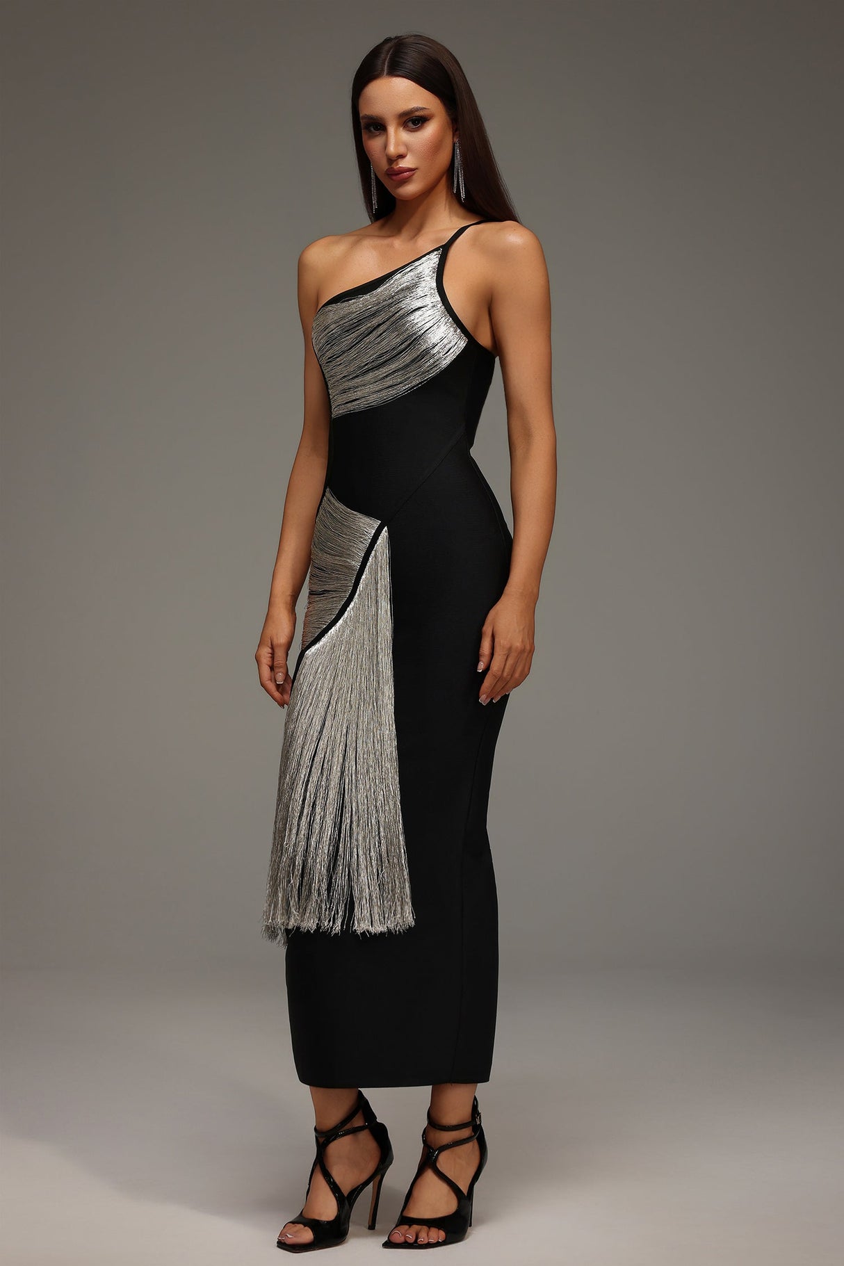 Primula Black One Shoulder Bandage Dress with Silver Detailing and Tassel Accents