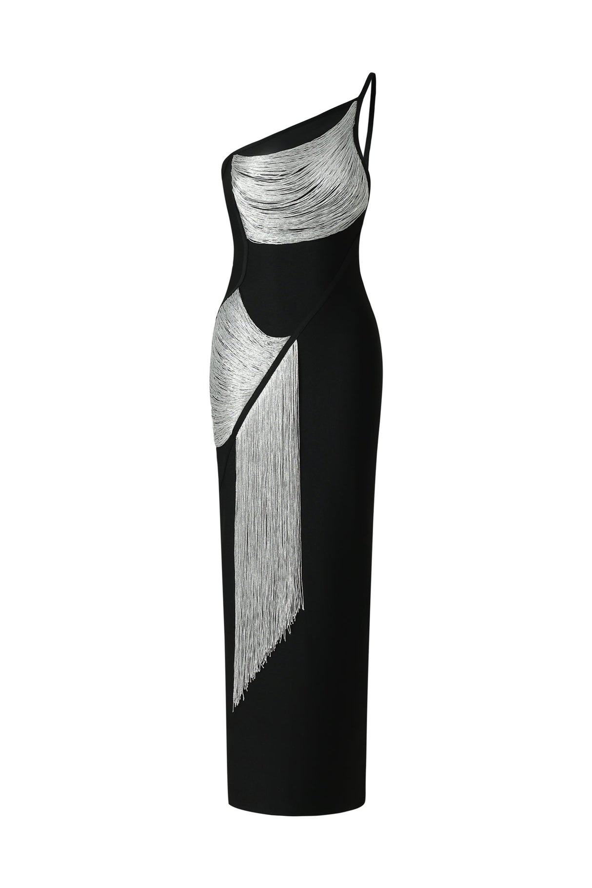 Primula Black One-Shoulder Bandage Dress with Silver Detailing and Tassel Accents