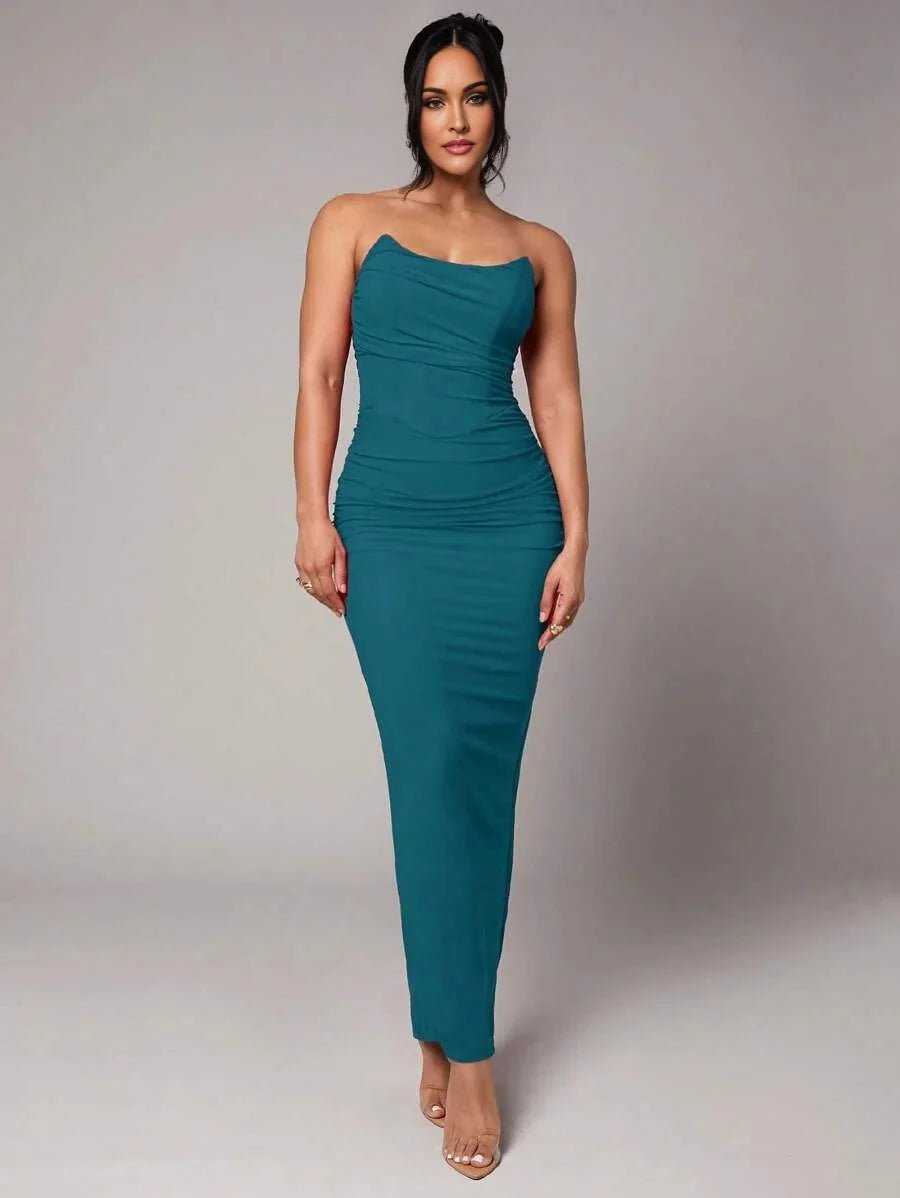 Primula Maxi Dress - Refined Style - Sleeveless Design - High Stretch Fabric - Slim Fit - Backless, Ruched, Split - Pencil Hem Shape