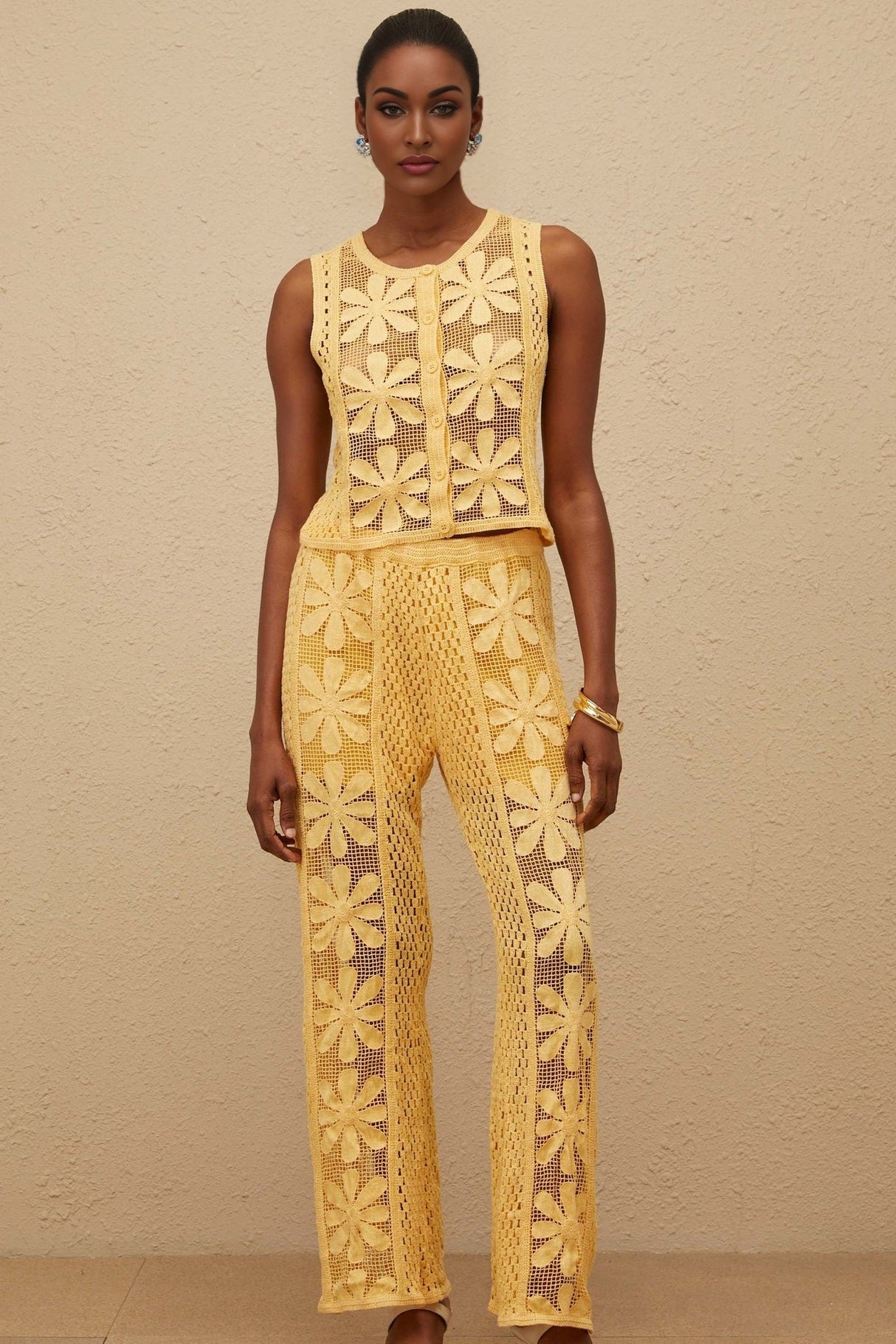 Primula Top & Trousers Set - Crochet Knit - Floral Jacquard - Elasticated Waistband - Button Fastening