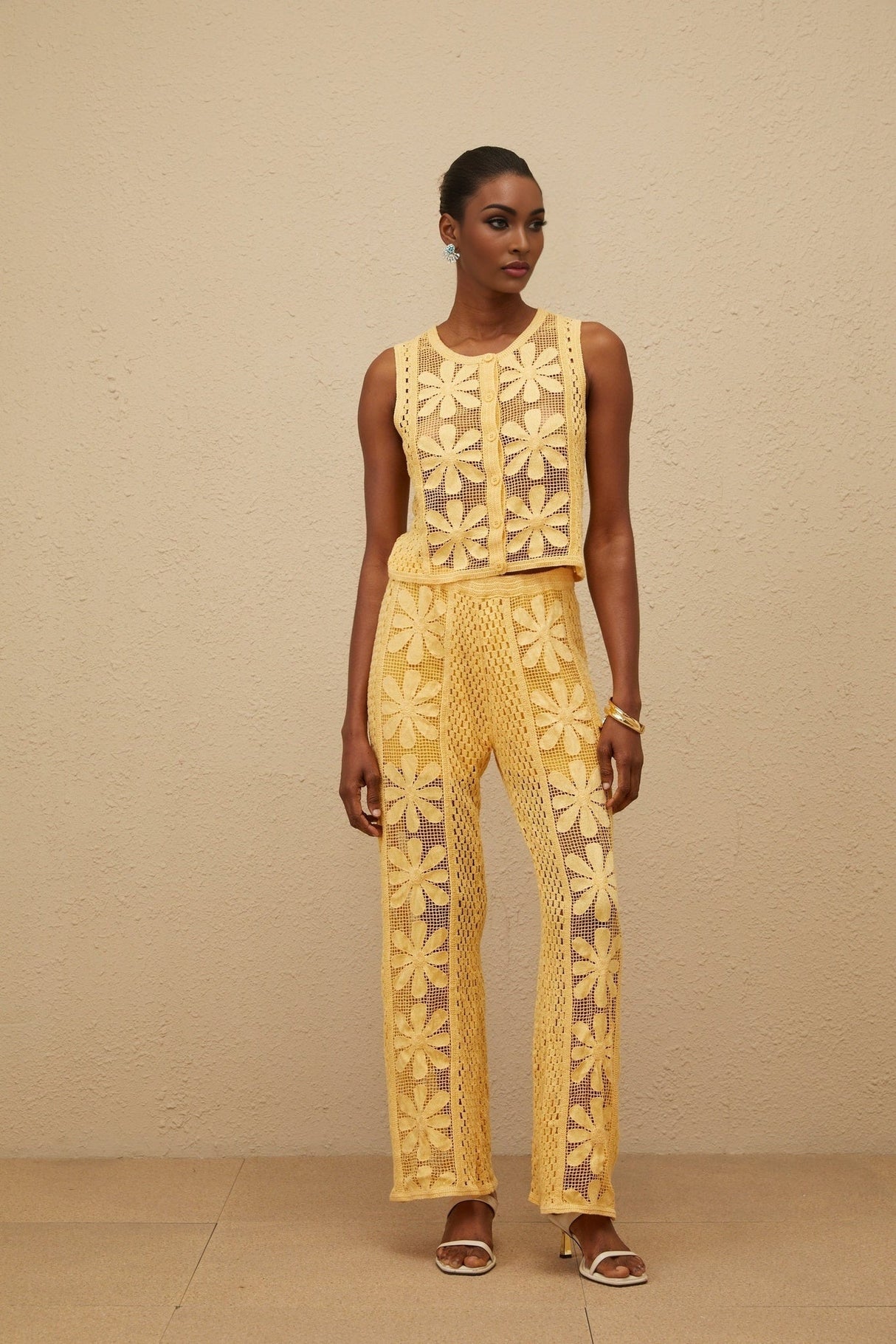 Primula Top & Trousers Set - Crochet Knit - Floral Jacquard - Elasticated Waistband - Button Fastening