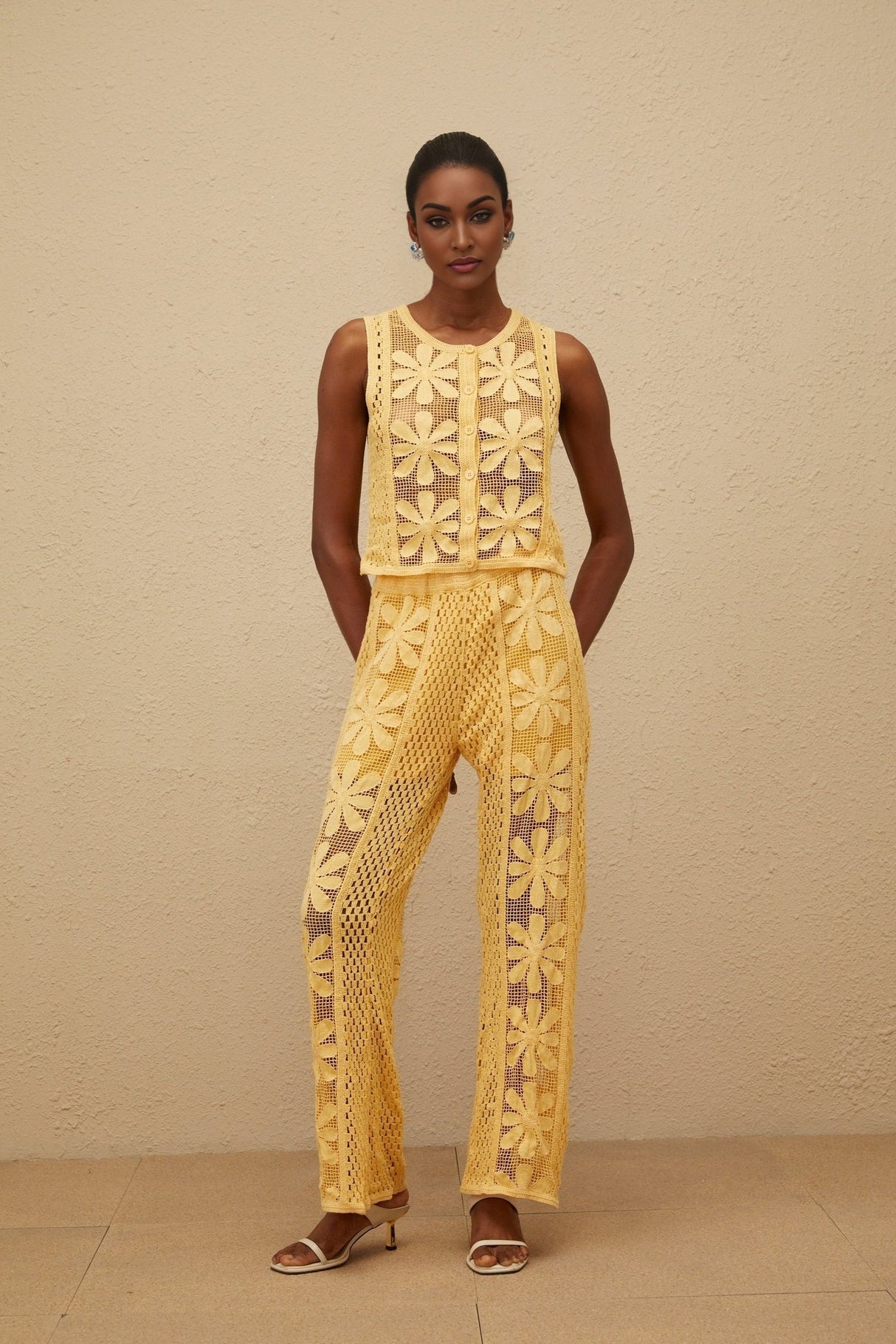 Primula Top & Trousers Set - Crochet Knit - Floral Jacquard - Elasticated Waistband - Button Fastening