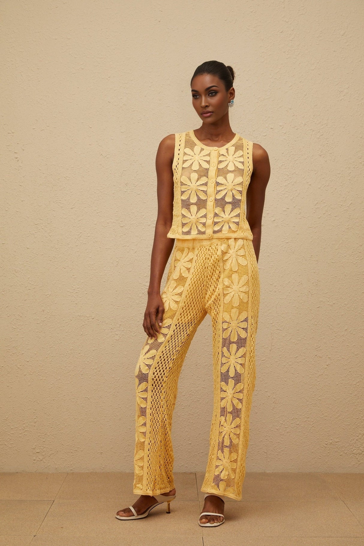 Primula Top & Trousers Set - Crochet Knit - Floral Jacquard - Elasticated Waistband - Button Fastening