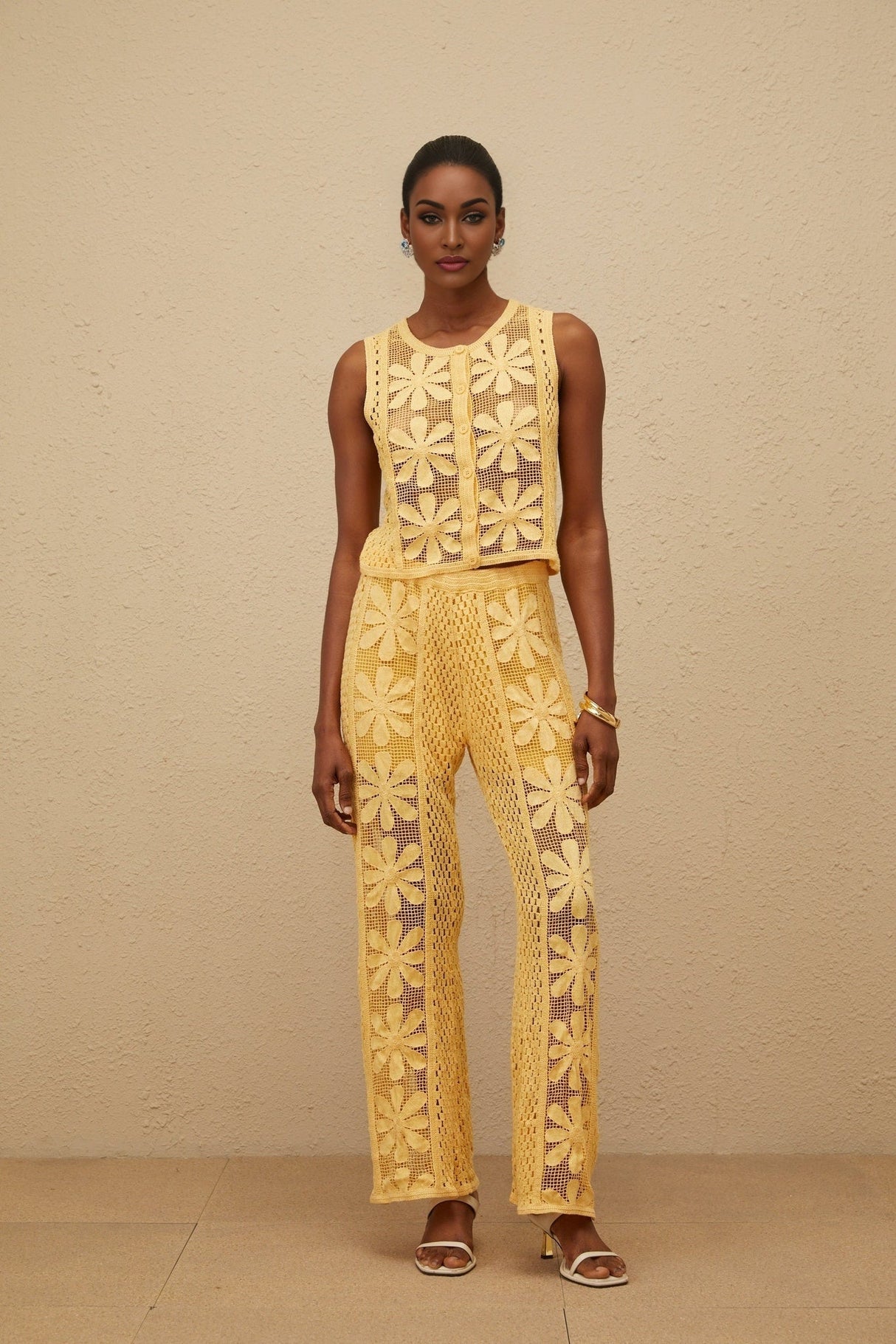 Primula Top & Trousers Set - Crochet Knit - Floral Jacquard - Elasticated Waistband - Button Fastening