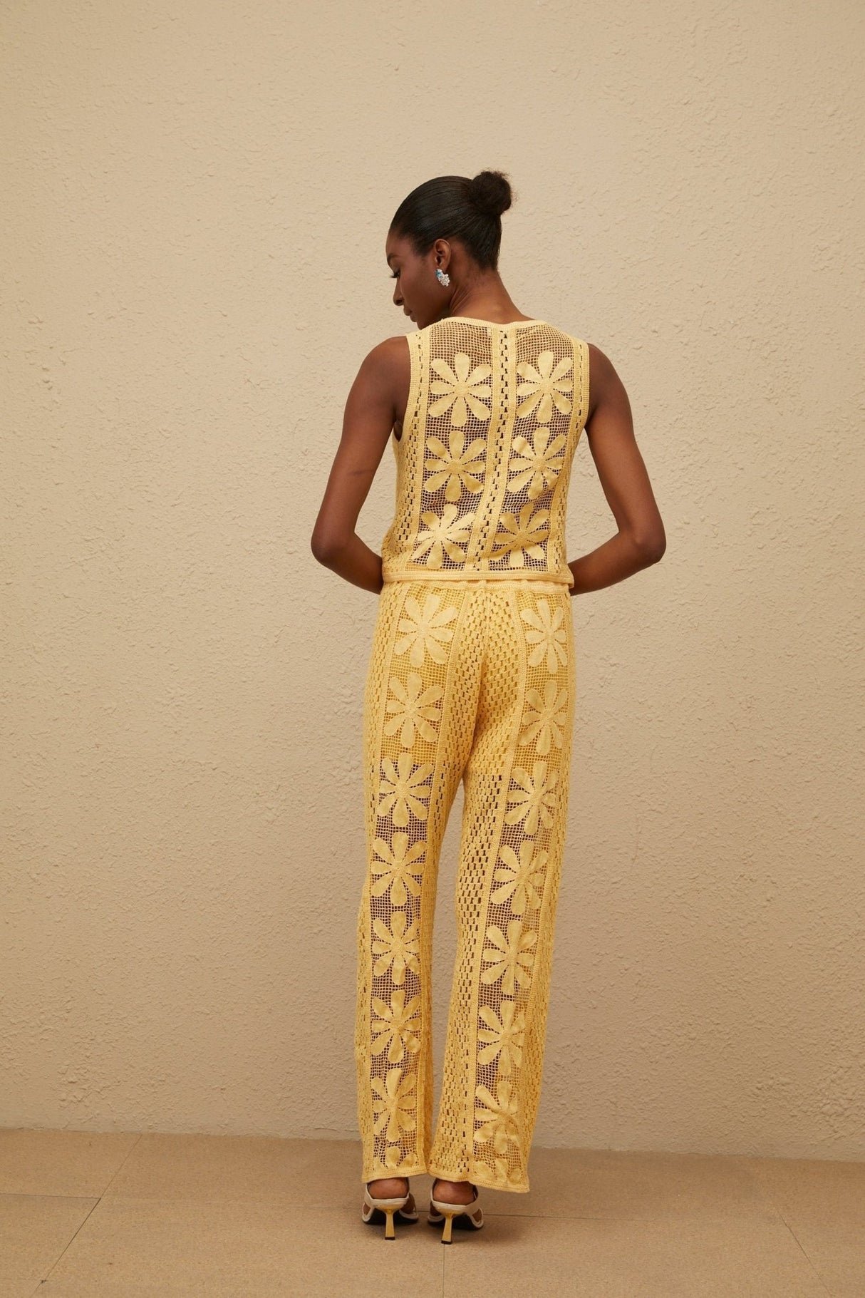 Primula Top & Trousers Set - Crochet Knit - Floral Jacquard - Elasticated Waistband - Button Fastening