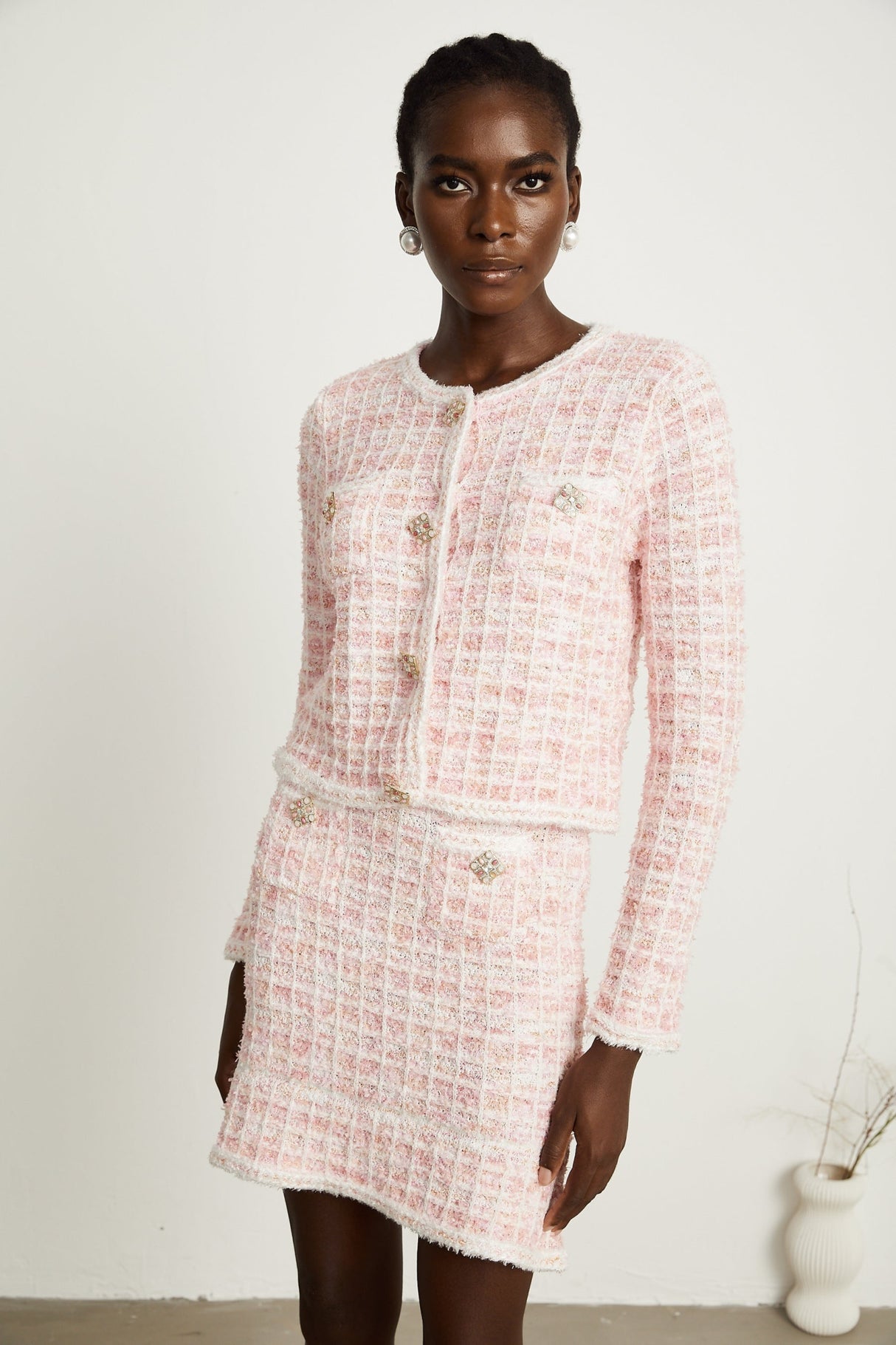 Priscilla Cardigan & Skirt Pink Check Pattern Set