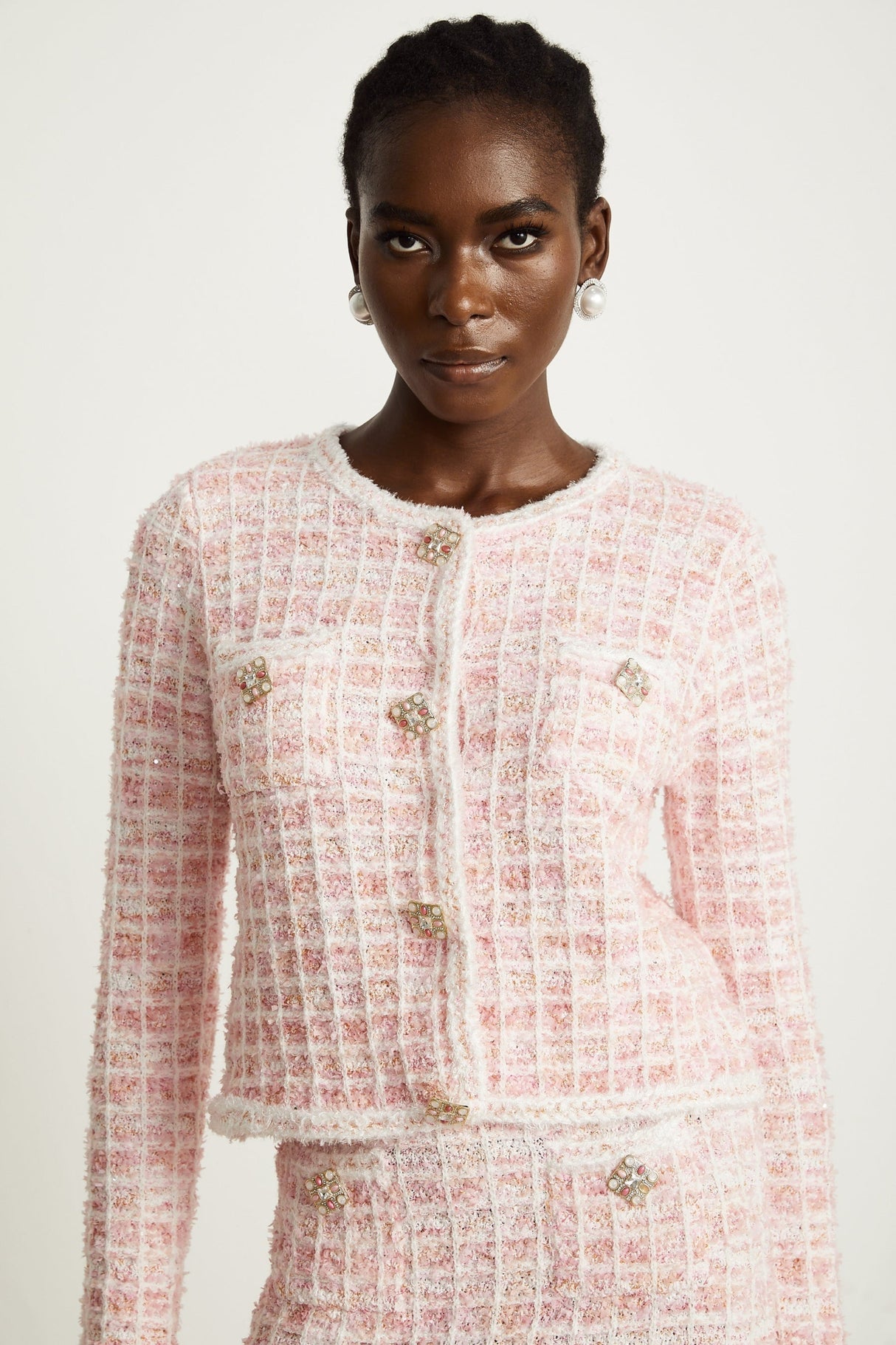 Priscilla Cardigan & Skirt Pink Check Pattern Set