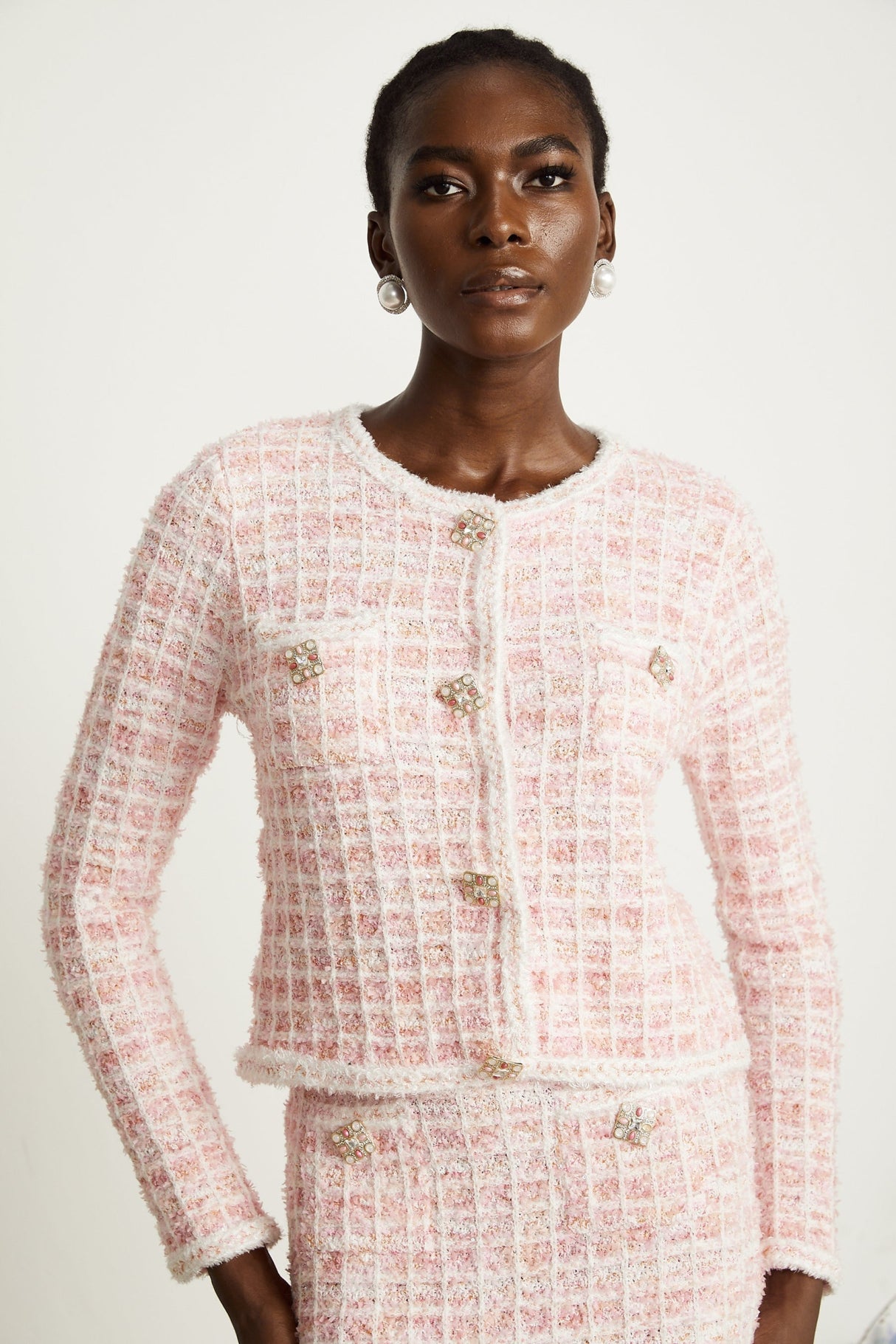 Priscilla Cardigan & Skirt Pink Check Pattern Set