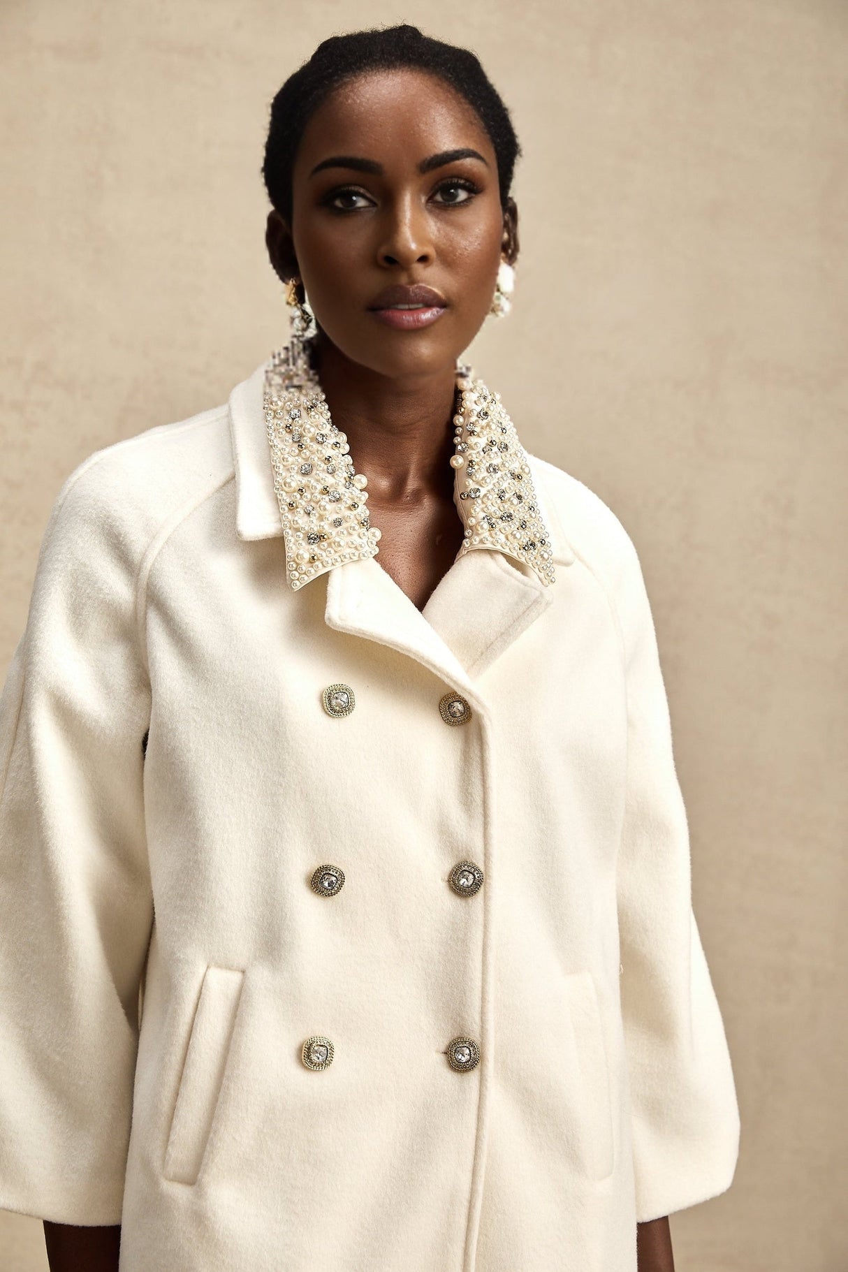 Priscilla Coat Crystal & Pearl Embellished Maxi Woolen Fabienne