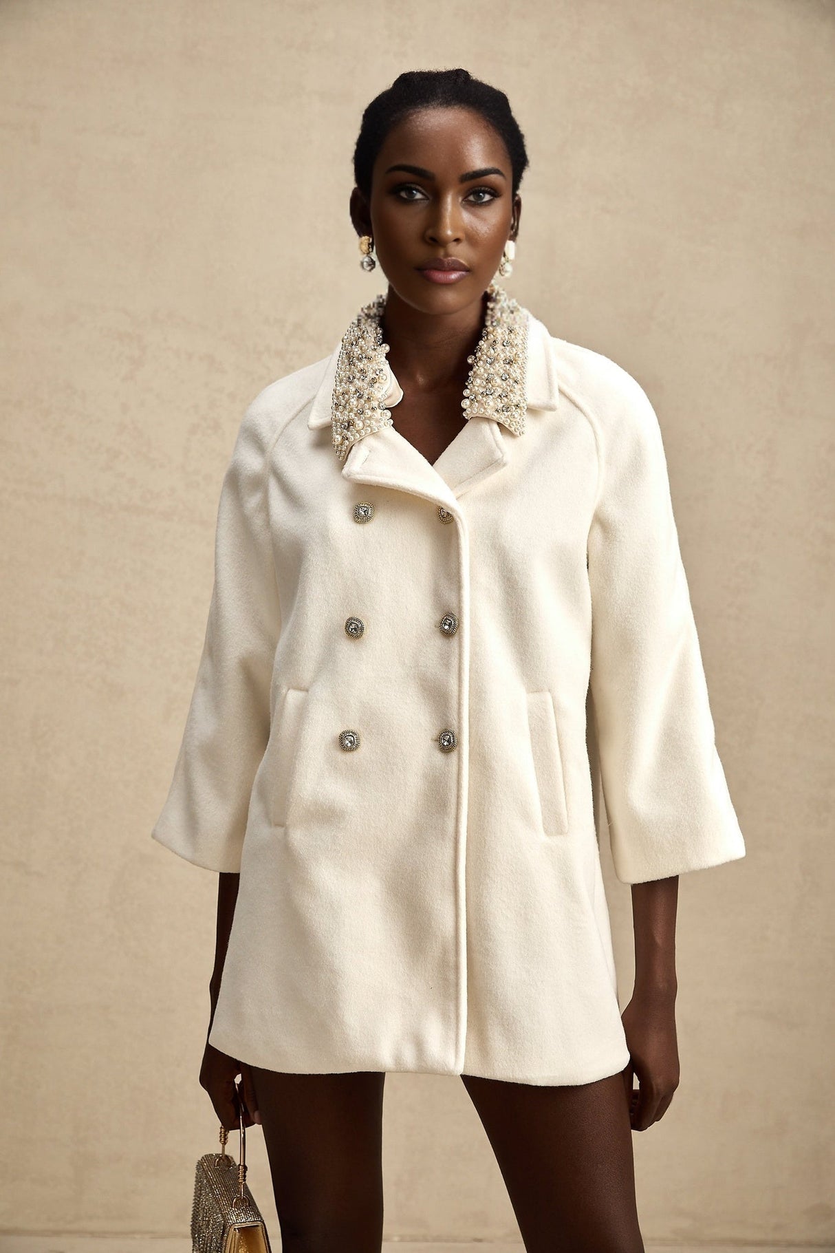 Priscilla Coat Crystal & Pearl Embellished Maxi Woolen Fabienne