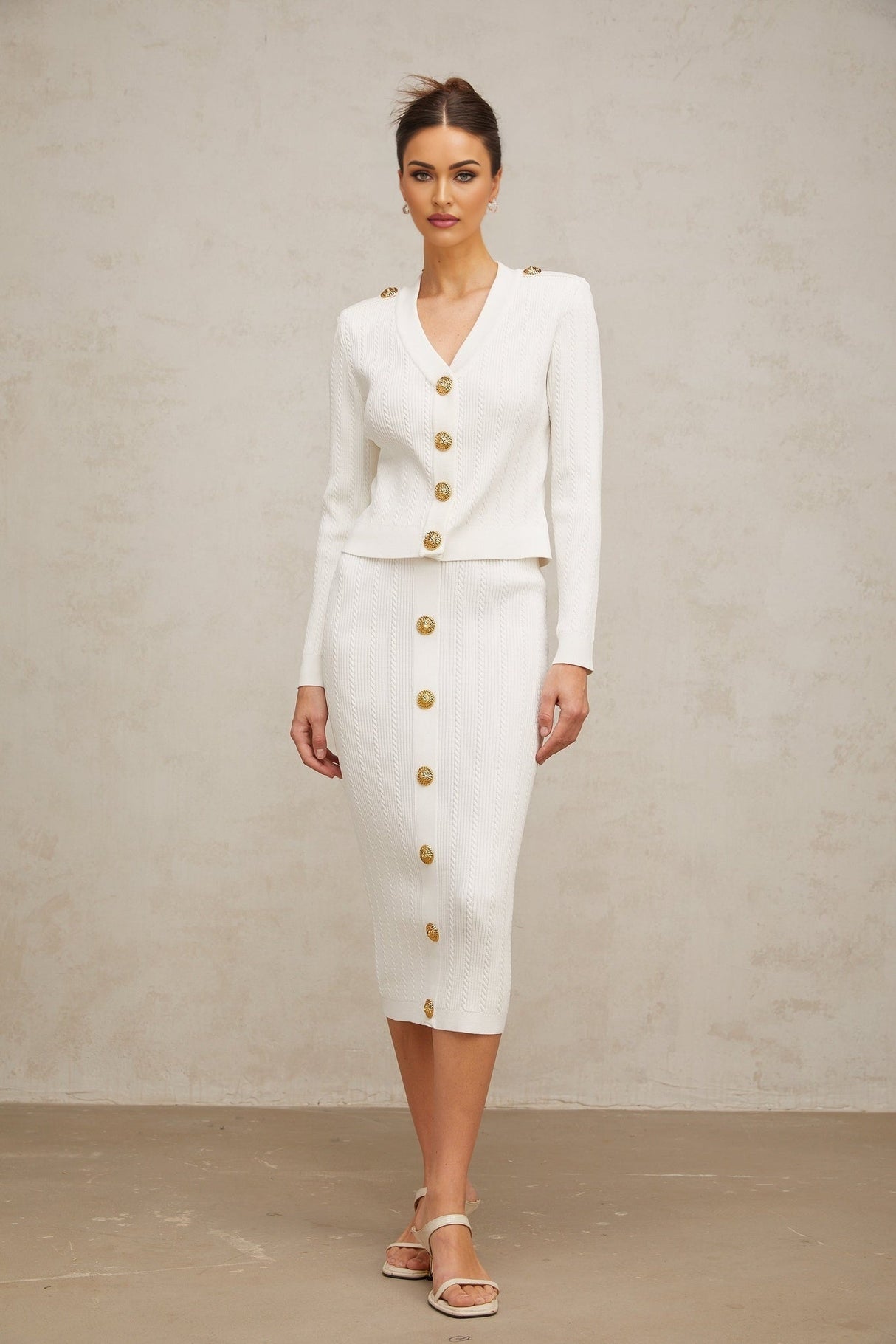 Priscilla Jacket & Skirt Rib Knit White Epaulette Set