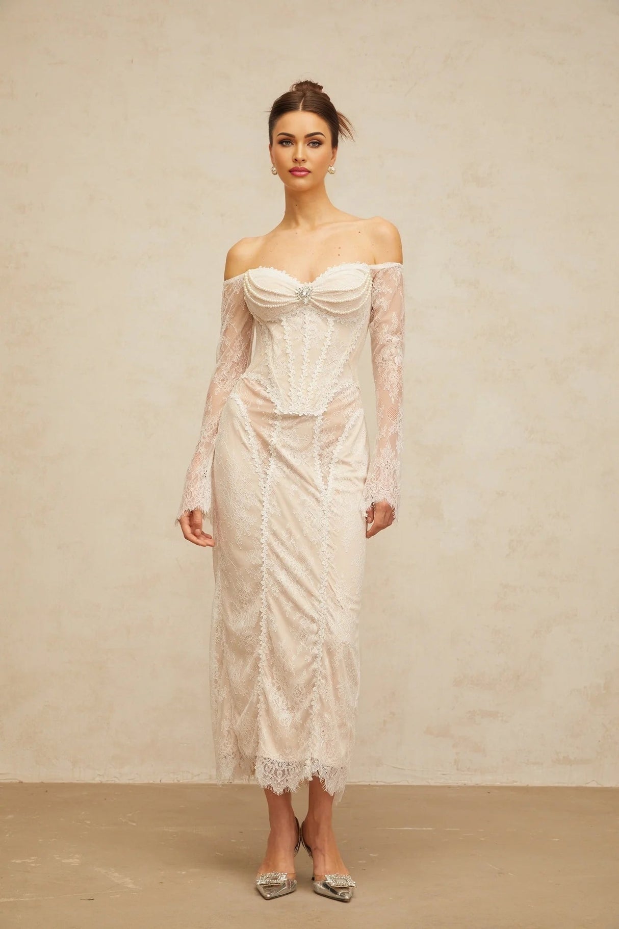 Priscilla Midi Dress White Lace Embellished Crystal Pearls & Boned Bodice