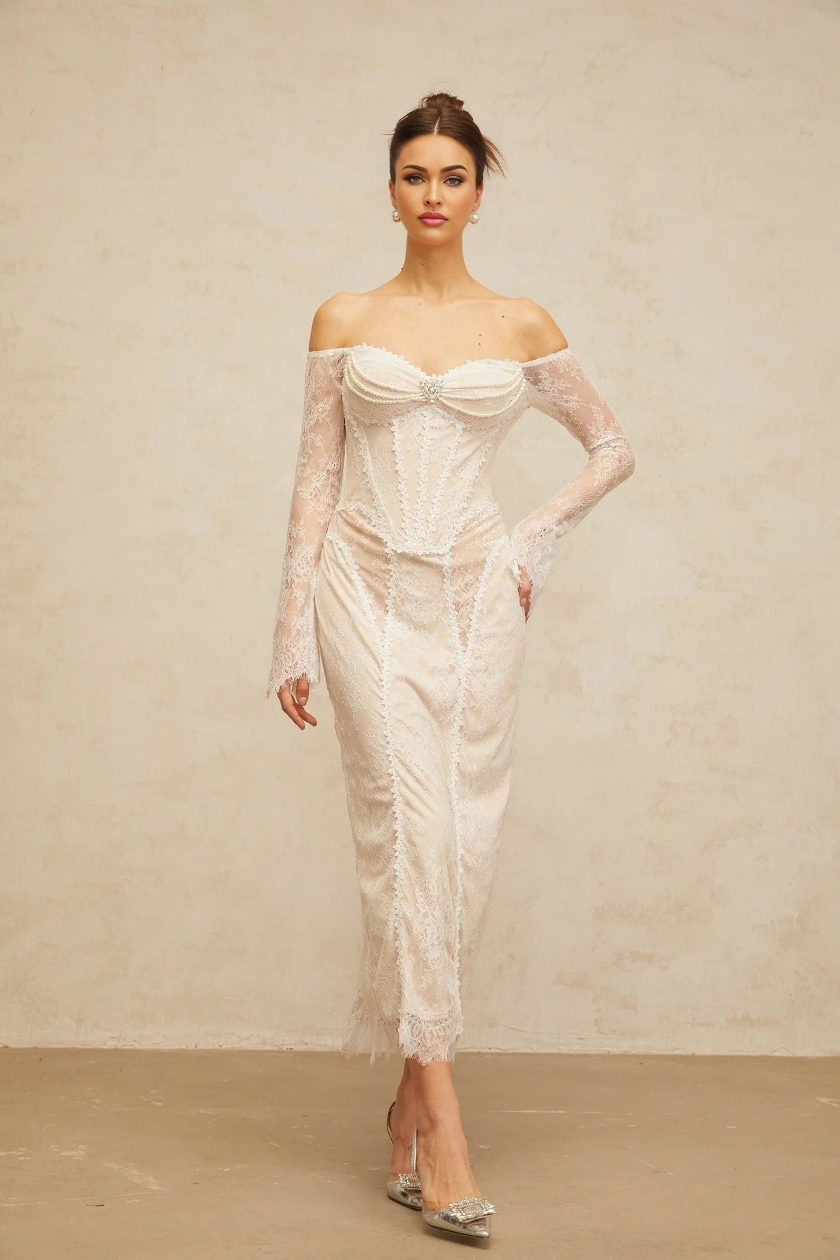 Priscilla Midi Dress White Lace Embellished Crystal Pearls & Boned Bodice