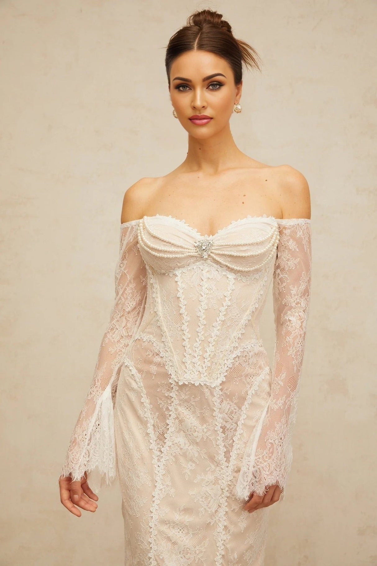 Priscilla Midi Dress White Lace Embellished Crystal Pearls & Boned Bodice