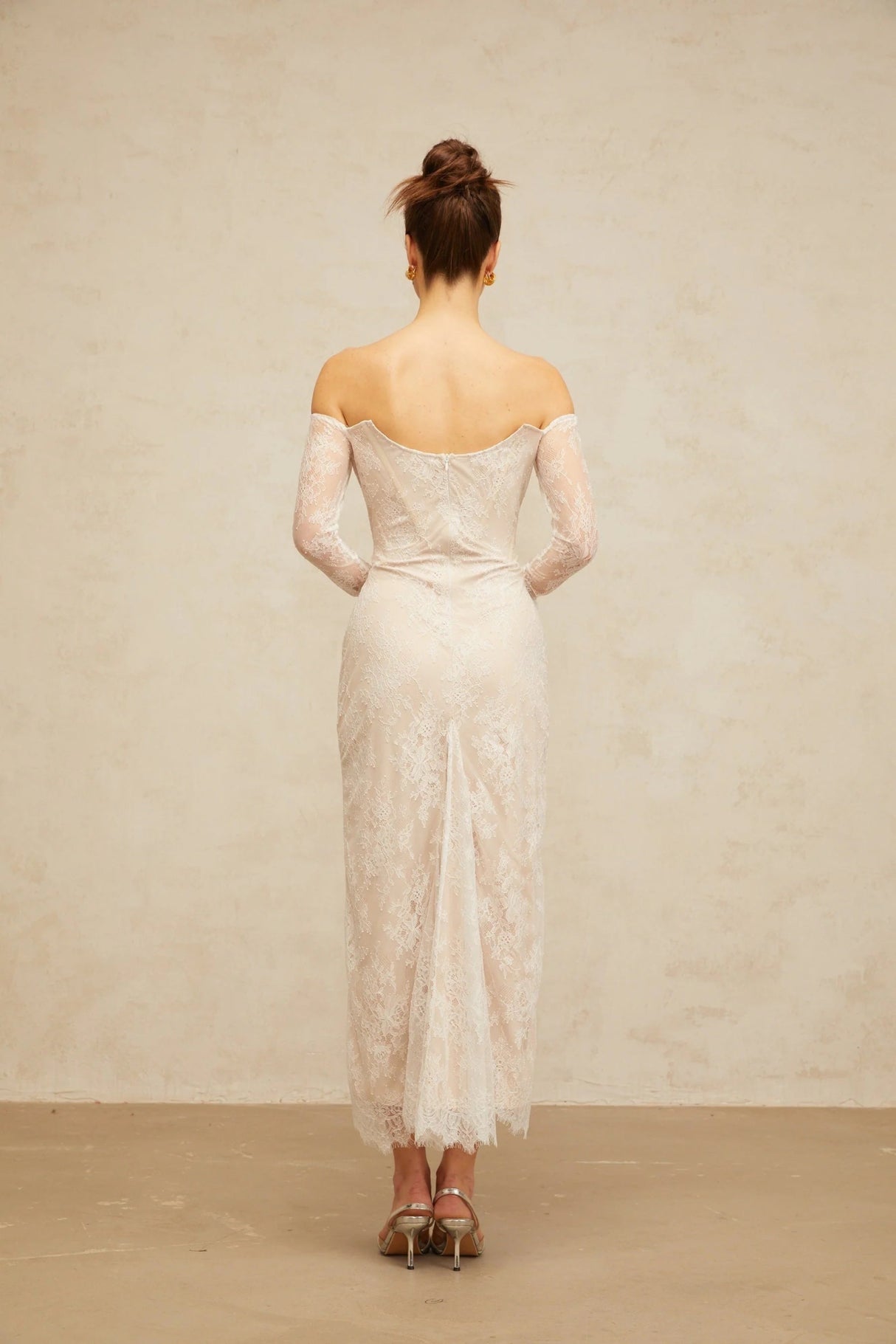 Priscilla Midi Dress White Lace Embellished Crystal Pearls & Boned Bodice