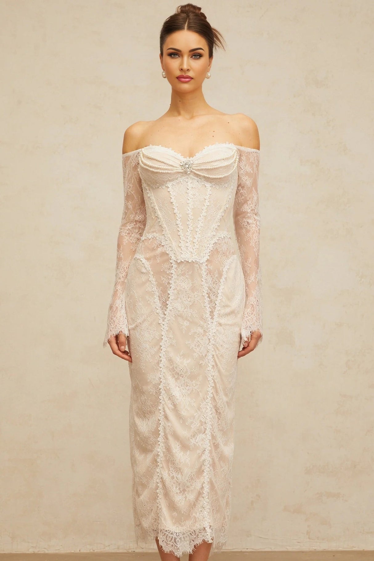 Priscilla Midi Dress White Lace Embellished Crystal Pearls & Boned Bodice