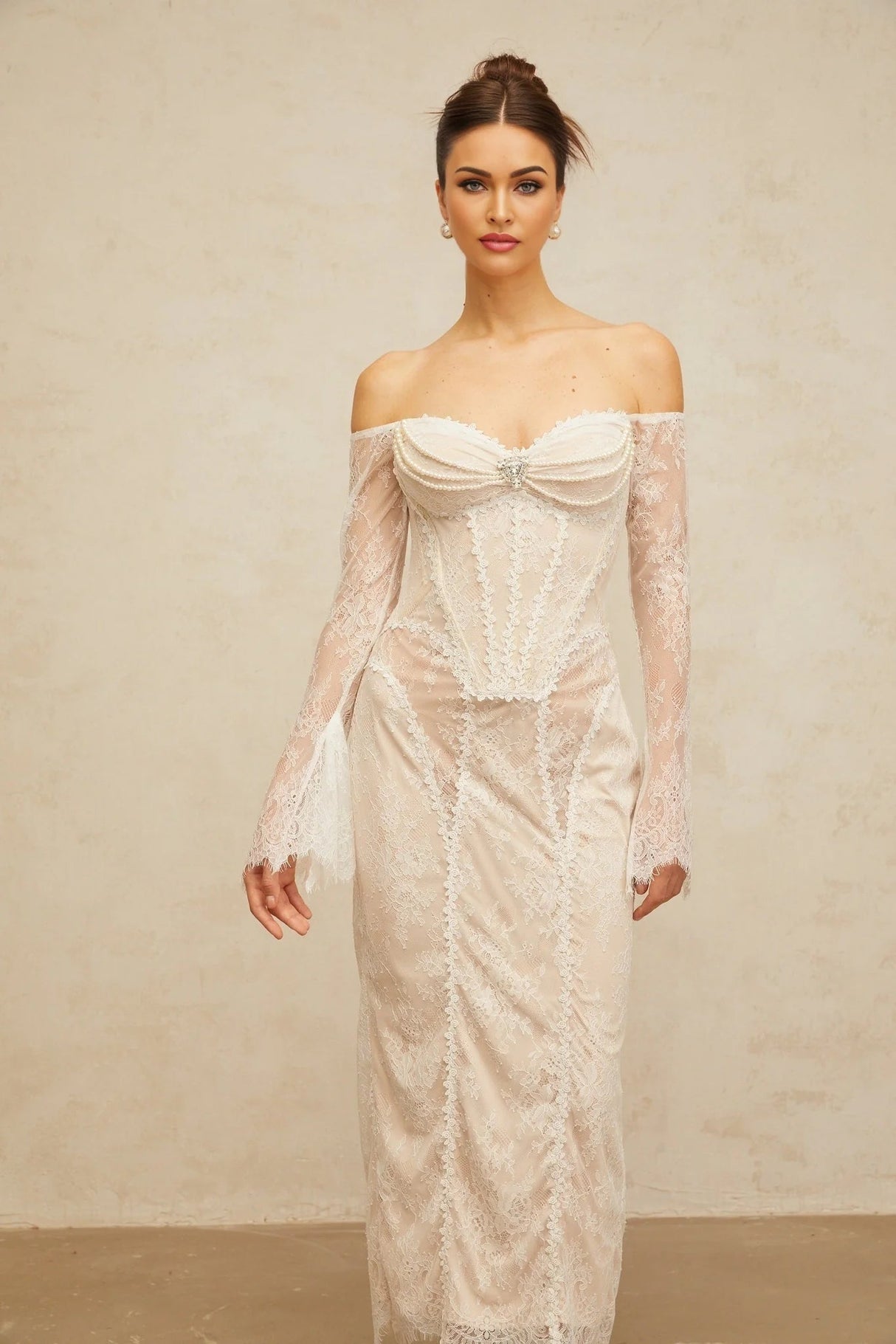 Priscilla Midi Dress White Lace Embellished Crystal Pearls & Boned Bodice