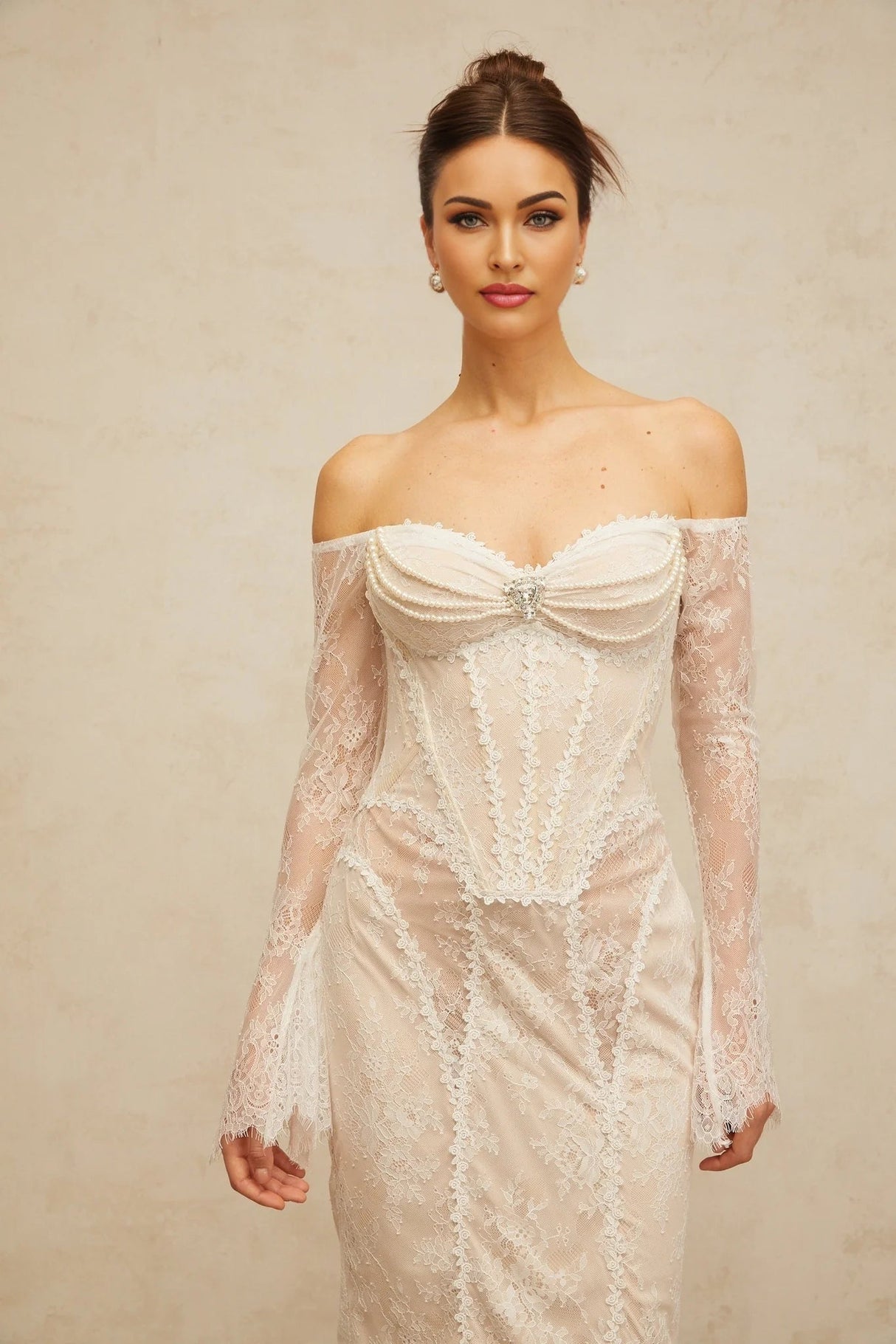 Priscilla Midi Dress White Lace Embellished Crystal Pearls & Boned Bodice