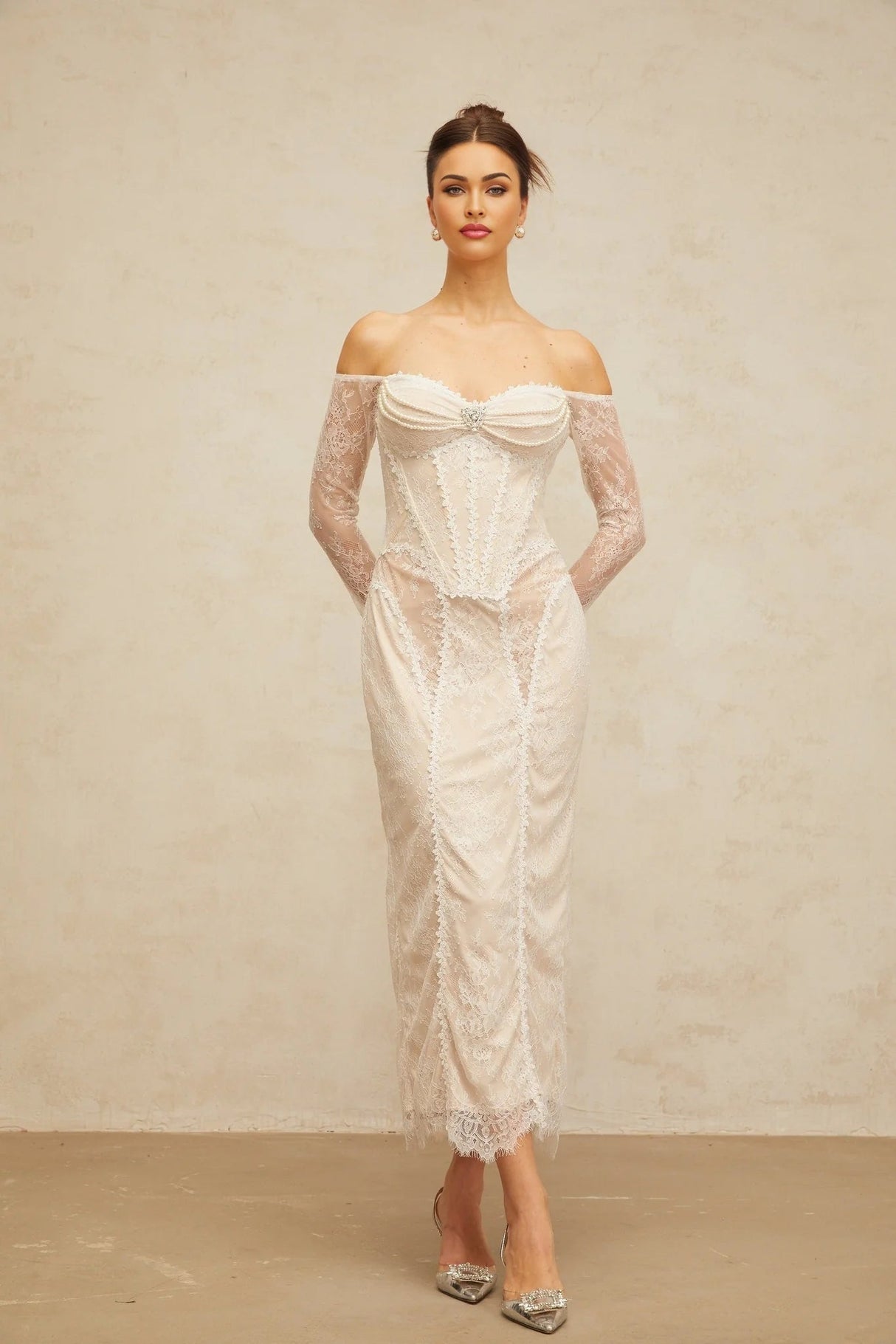 Priscilla Midi Dress White Lace Embellished Crystal Pearls & Boned Bodice