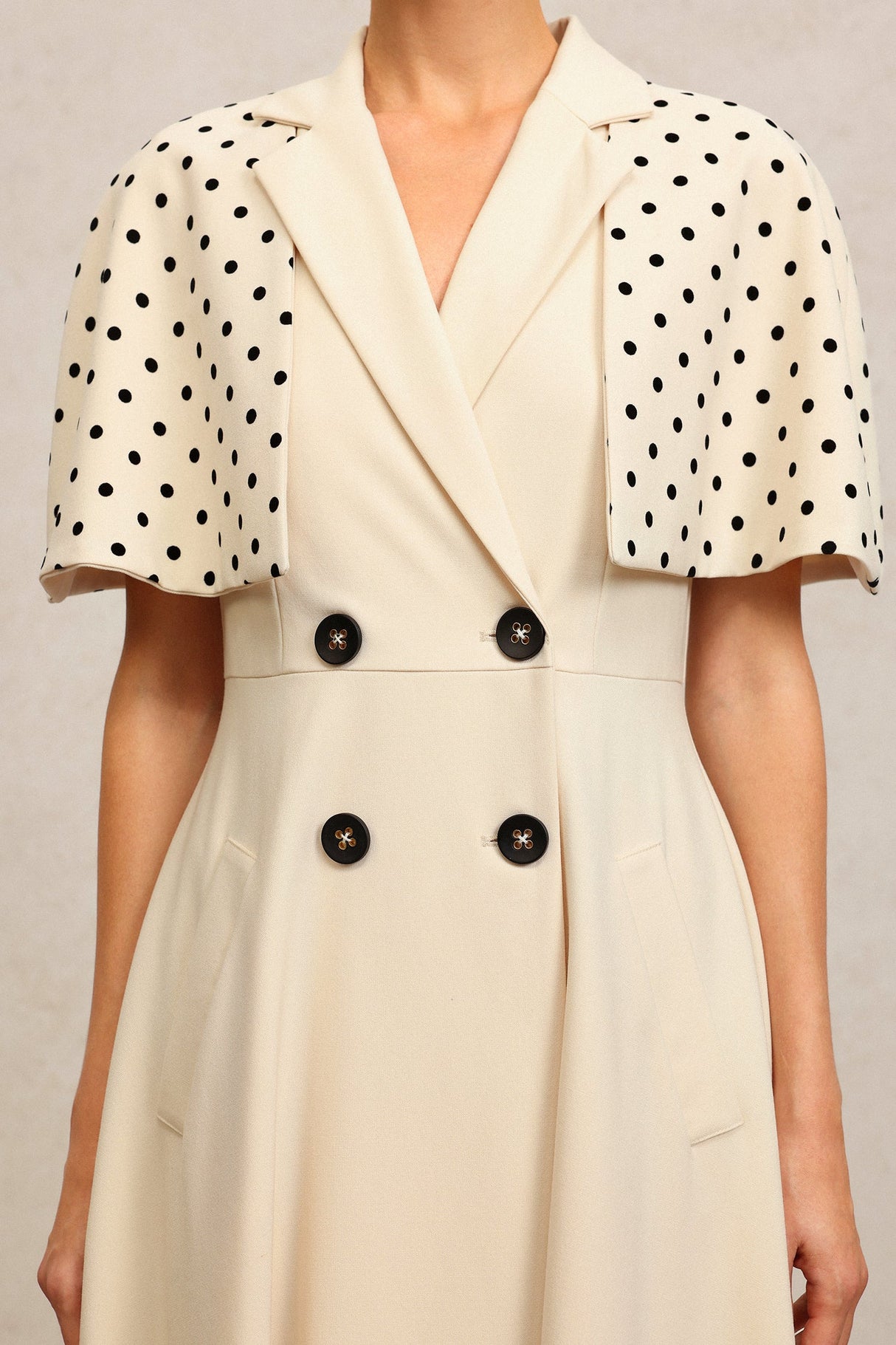 Quinn Beige Double-Breasted Maxi Dress with Polka Dot Sleeves and Notched Collar