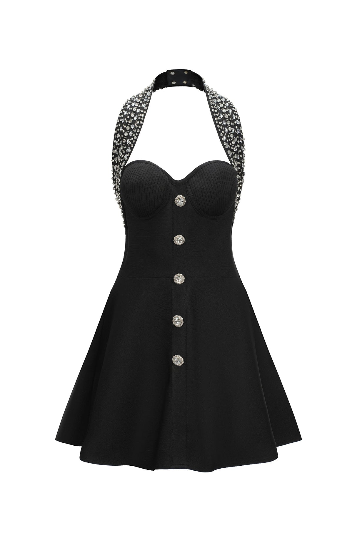Quinn Black Strapless Ribbed Button Detail Flared Mini Dress