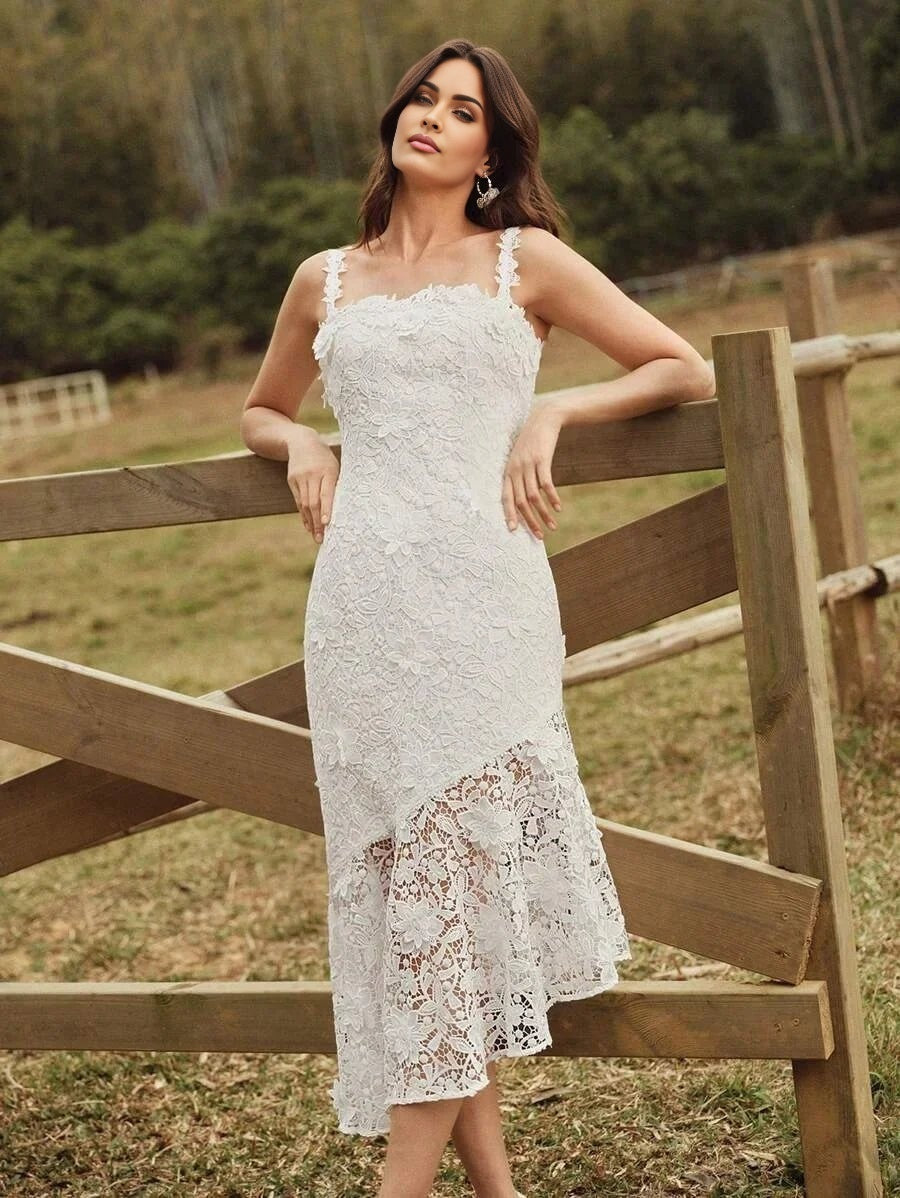 Quinn Midi Dress - Neckline Straps - Wedding Occasion - Mermaid Hem - High Waist - Elegant Style