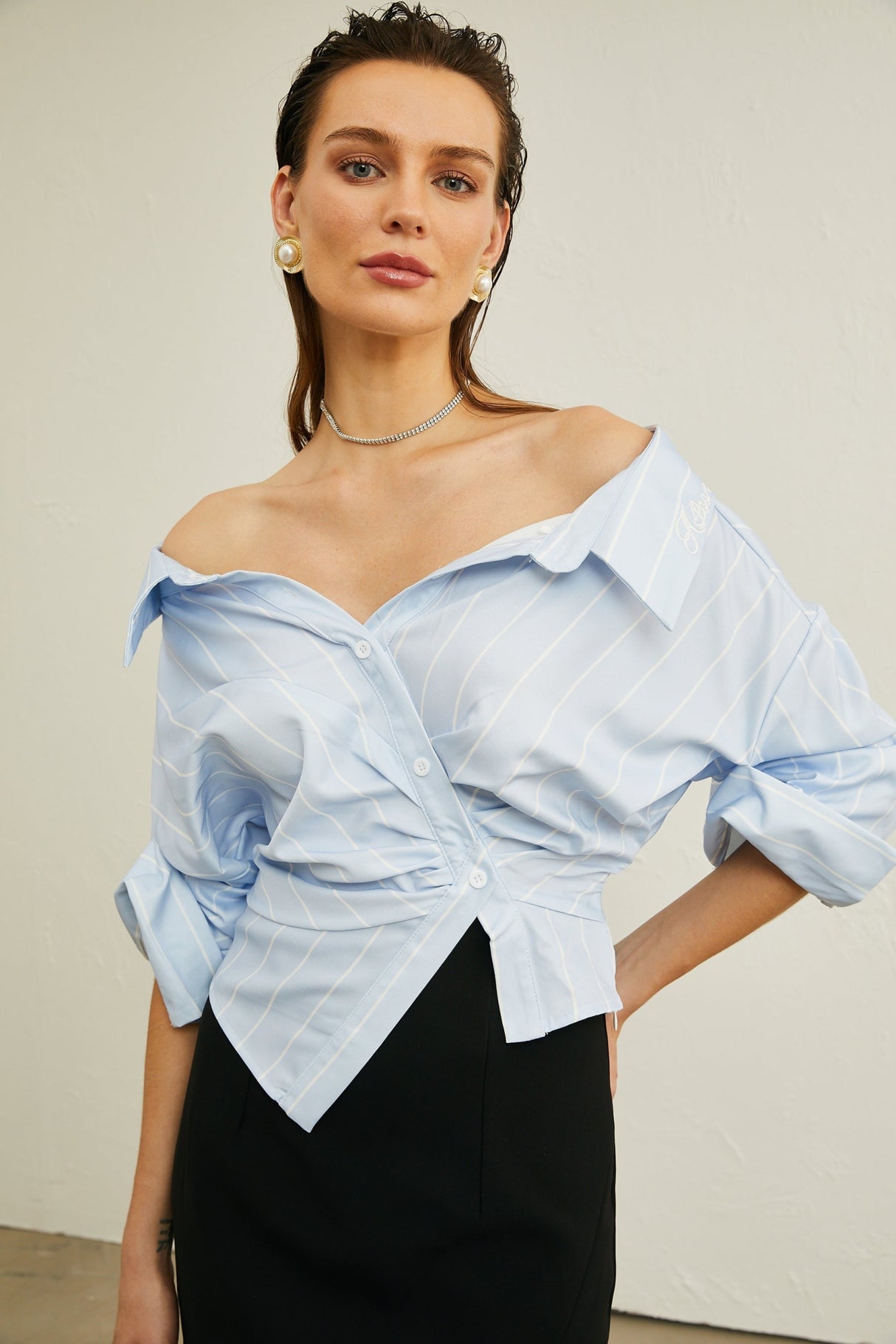 Rachel Blouse Blue Stripe Off Shoulder Style
