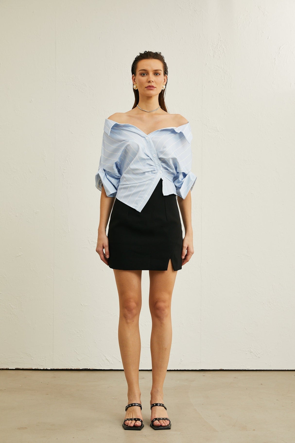 Rachel Blouse Blue Stripe Off Shoulder Style