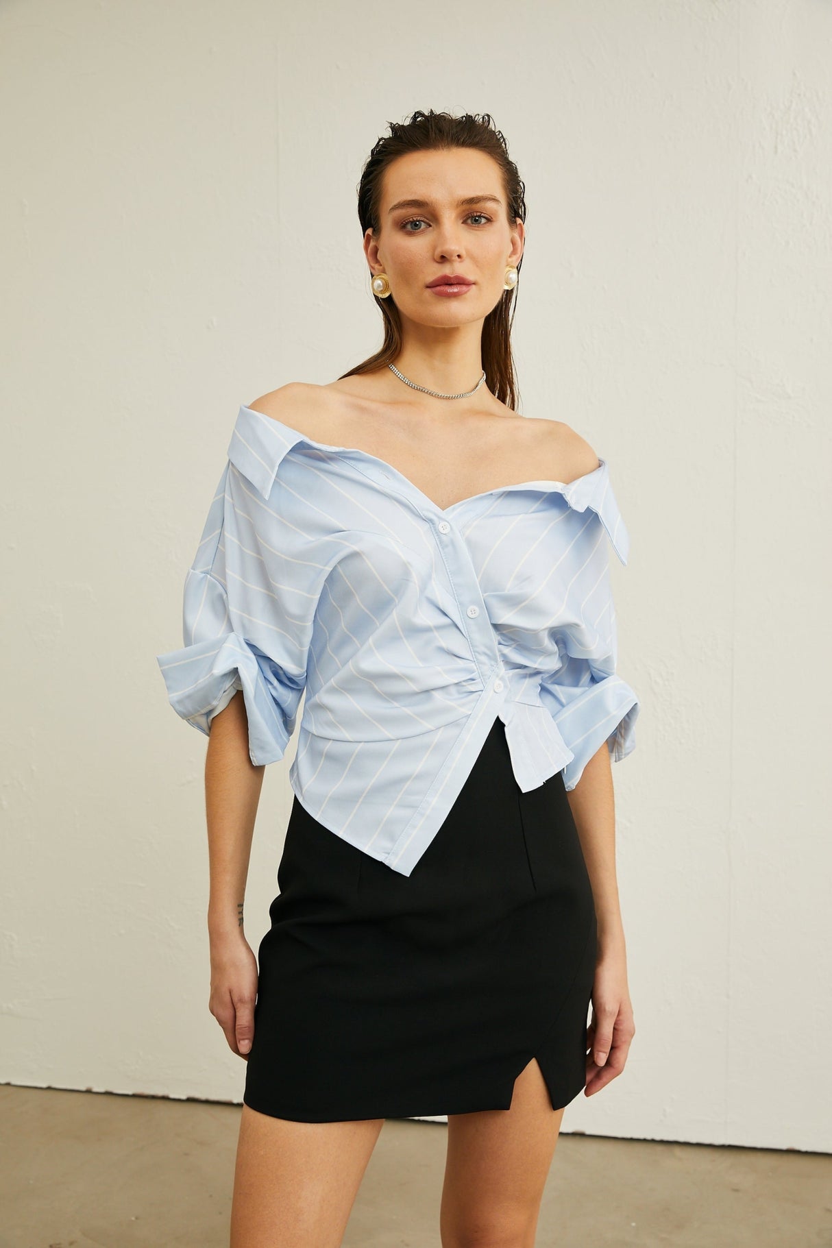 Rachel Blouse Blue Stripe Off Shoulder Style