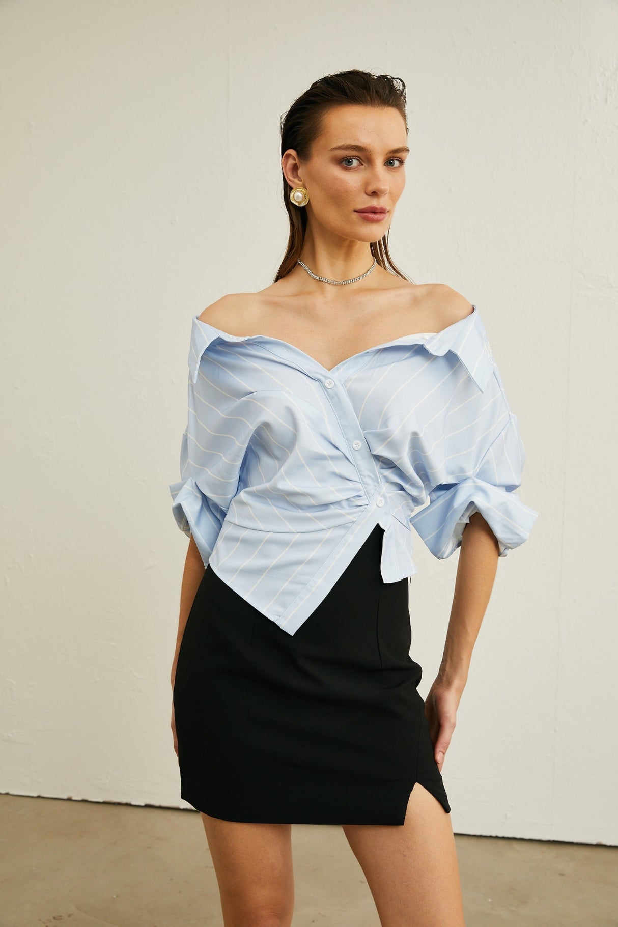 Rachel Blouse Blue Stripe Off Shoulder Style