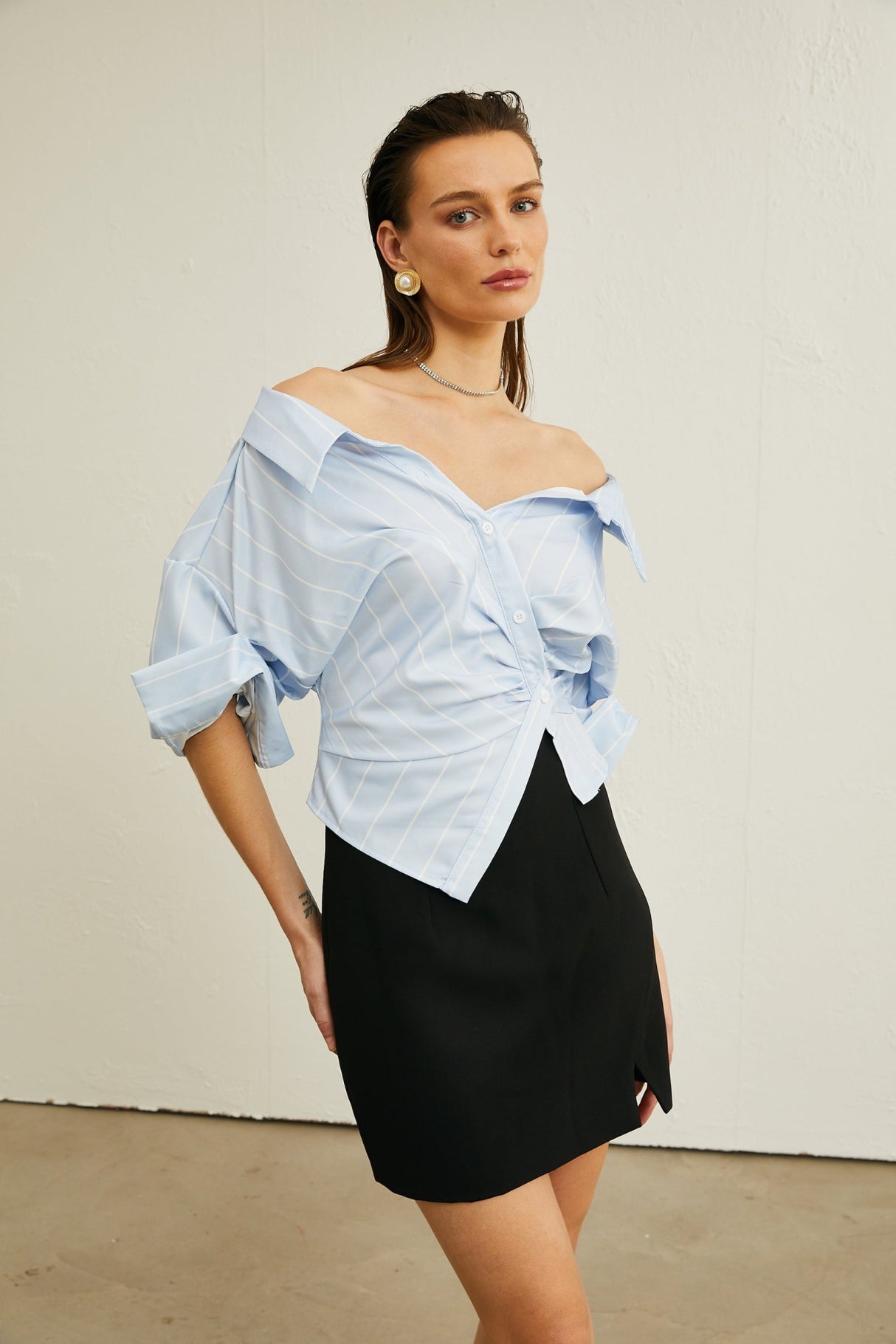 Rachel Blouse Blue Stripe Off Shoulder Style