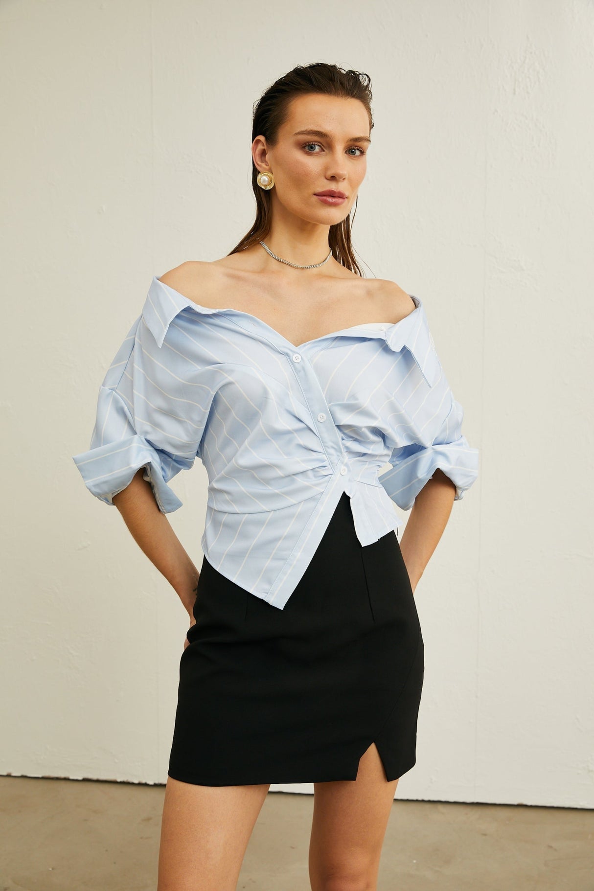Rachel Blouse Blue Stripe Off Shoulder Style