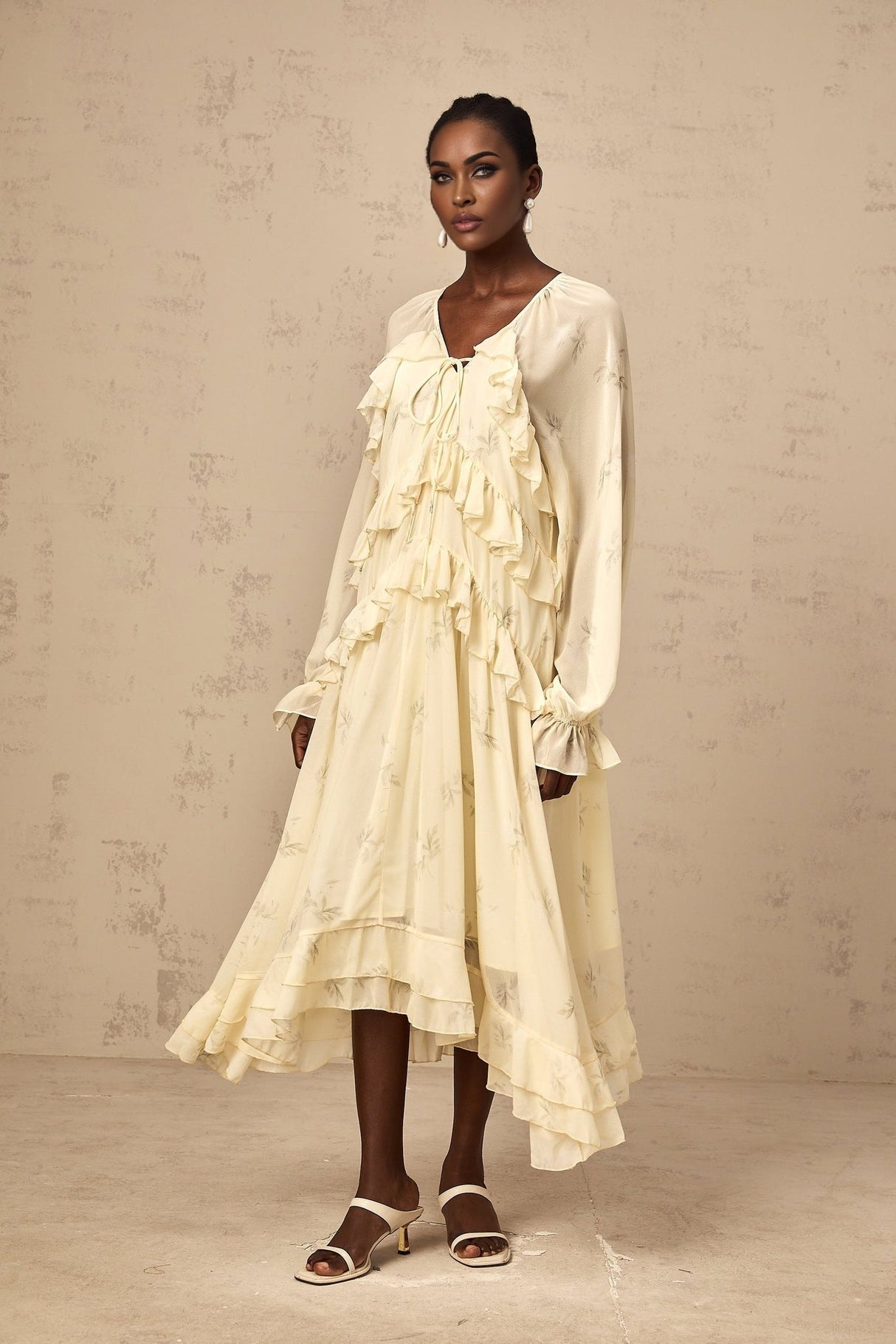 Rachel Floral Midi Dress in Light Yellow with V - neck & Puff Sleeves