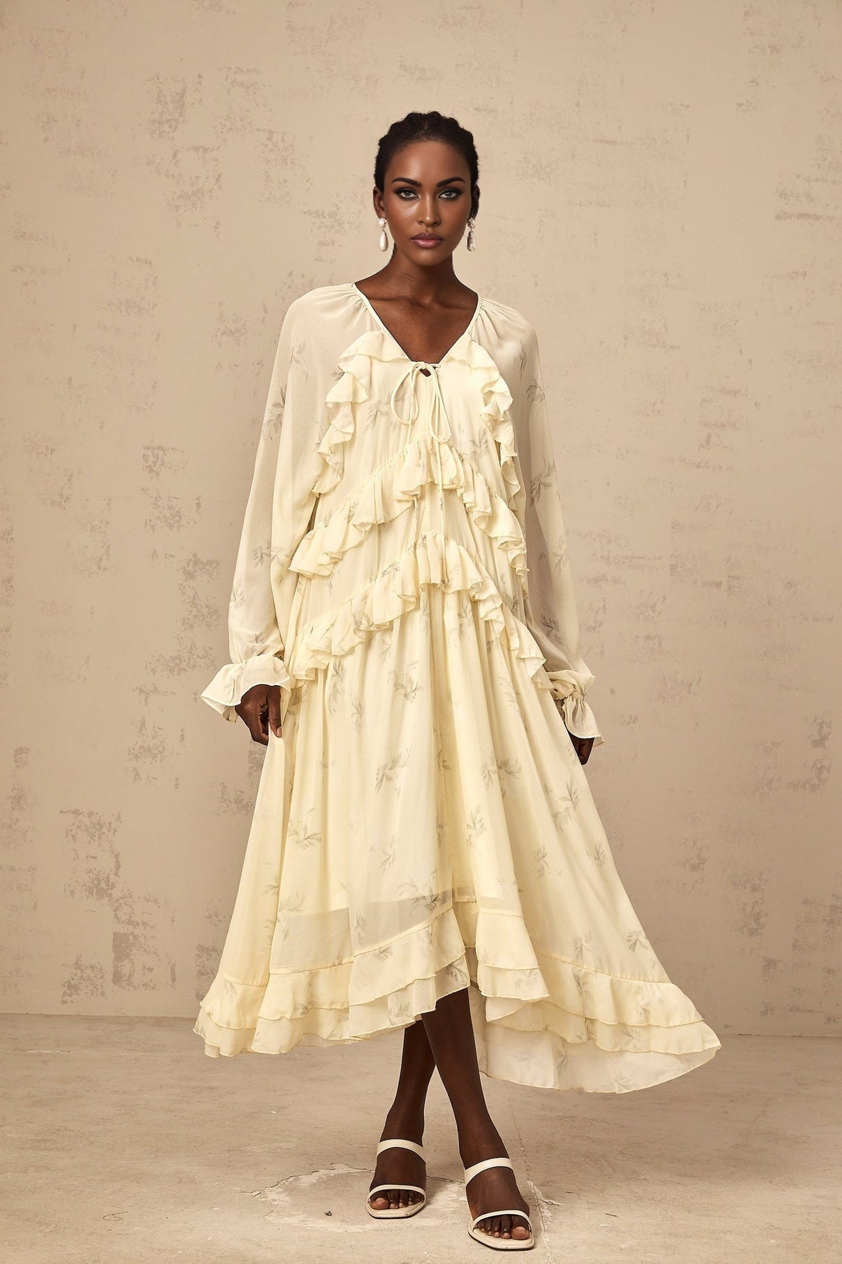 Rachel Floral Midi Dress in Light Yellow with V - neck & Puff Sleeves