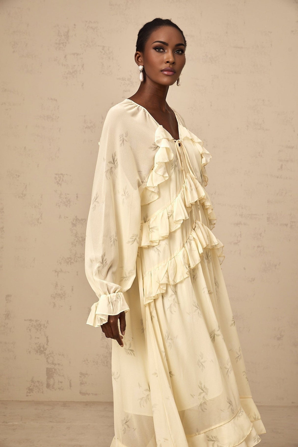 Rachel Floral Midi Dress in Light Yellow with V - neck & Puff Sleeves