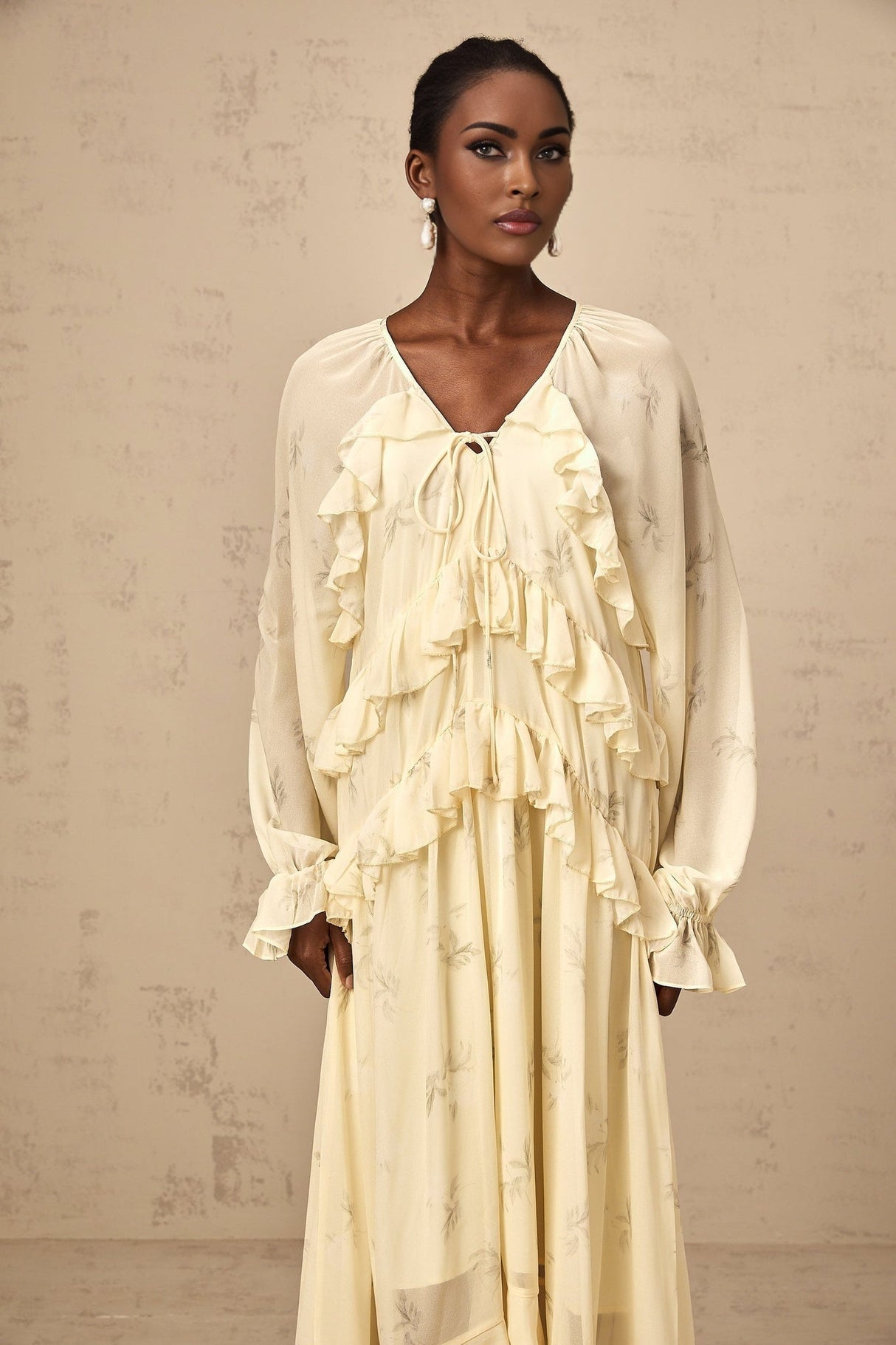 Rachel Floral Midi Dress in Light Yellow with V - neck & Puff Sleeves