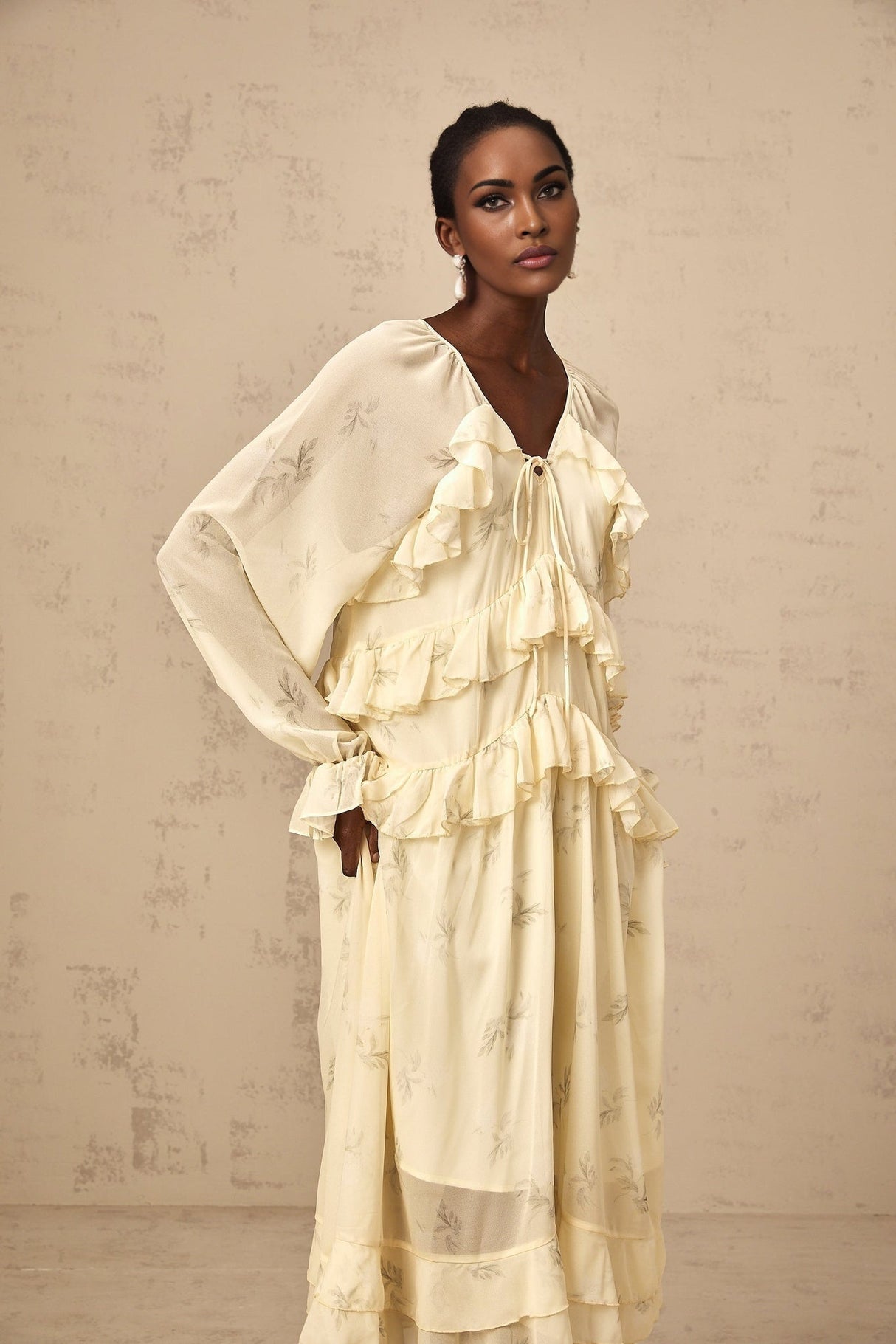 Rachel Floral Midi Dress in Light Yellow with V - neck & Puff Sleeves