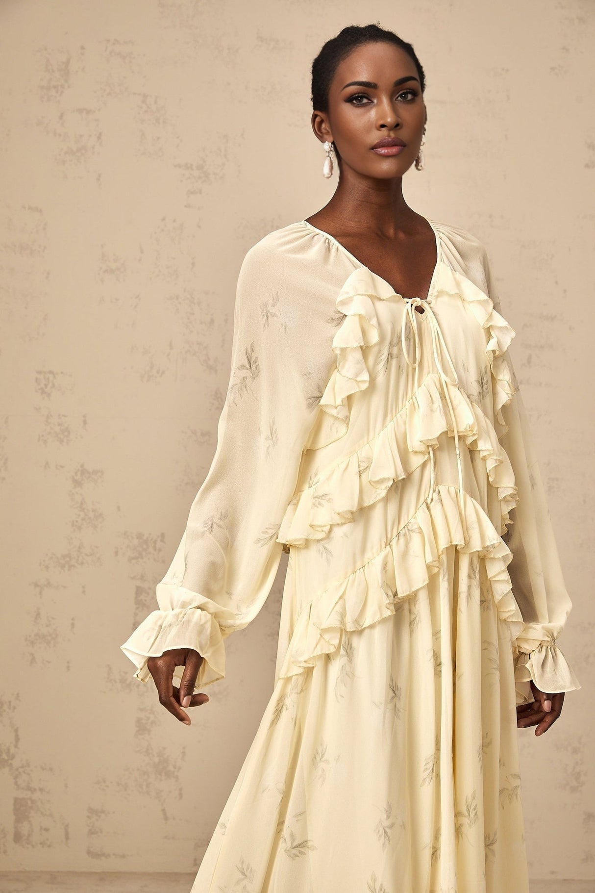 Rachel Floral Midi Dress in Light Yellow with V - neck & Puff Sleeves