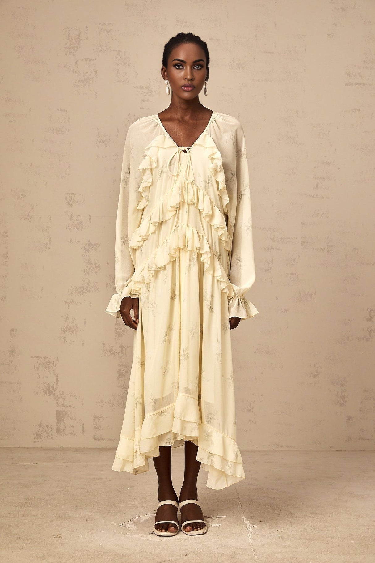 Rachel Floral Midi Dress in Light Yellow with V - neck & Puff Sleeves