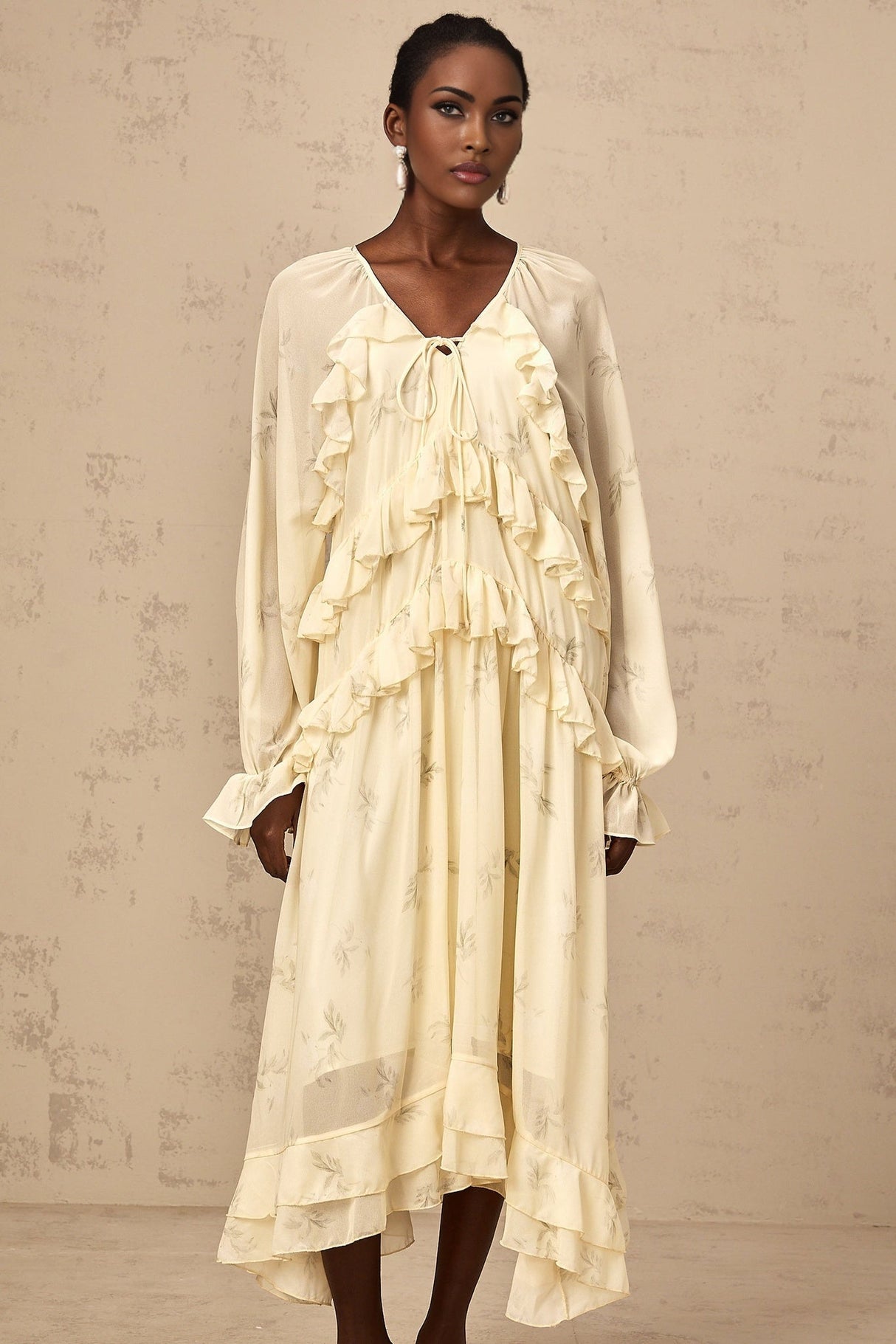 Rachel Floral Midi Dress in Light Yellow with V - neck & Puff Sleeves