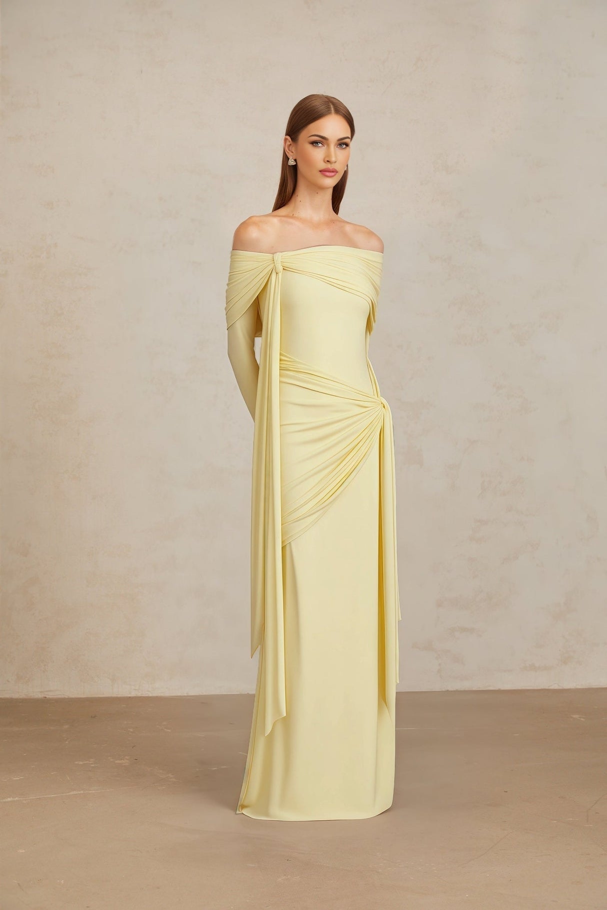 Rachel Gown - Off - Shoulder - Long Sleeves - Front Tie Detail - Pleated and Draped Detailing