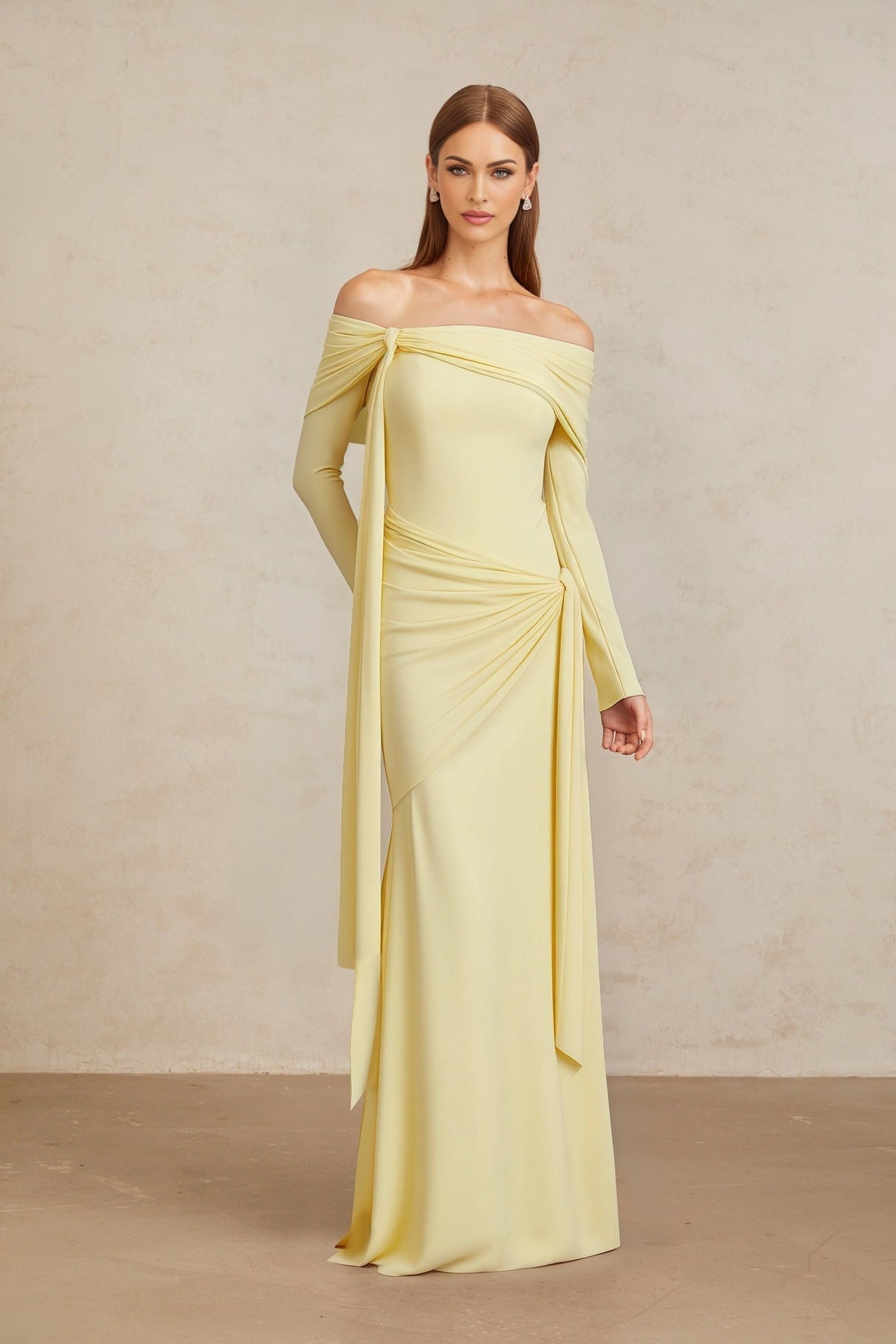 Rachel Gown - Off - Shoulder - Long Sleeves - Front Tie Detail - Pleated and Draped Detailing