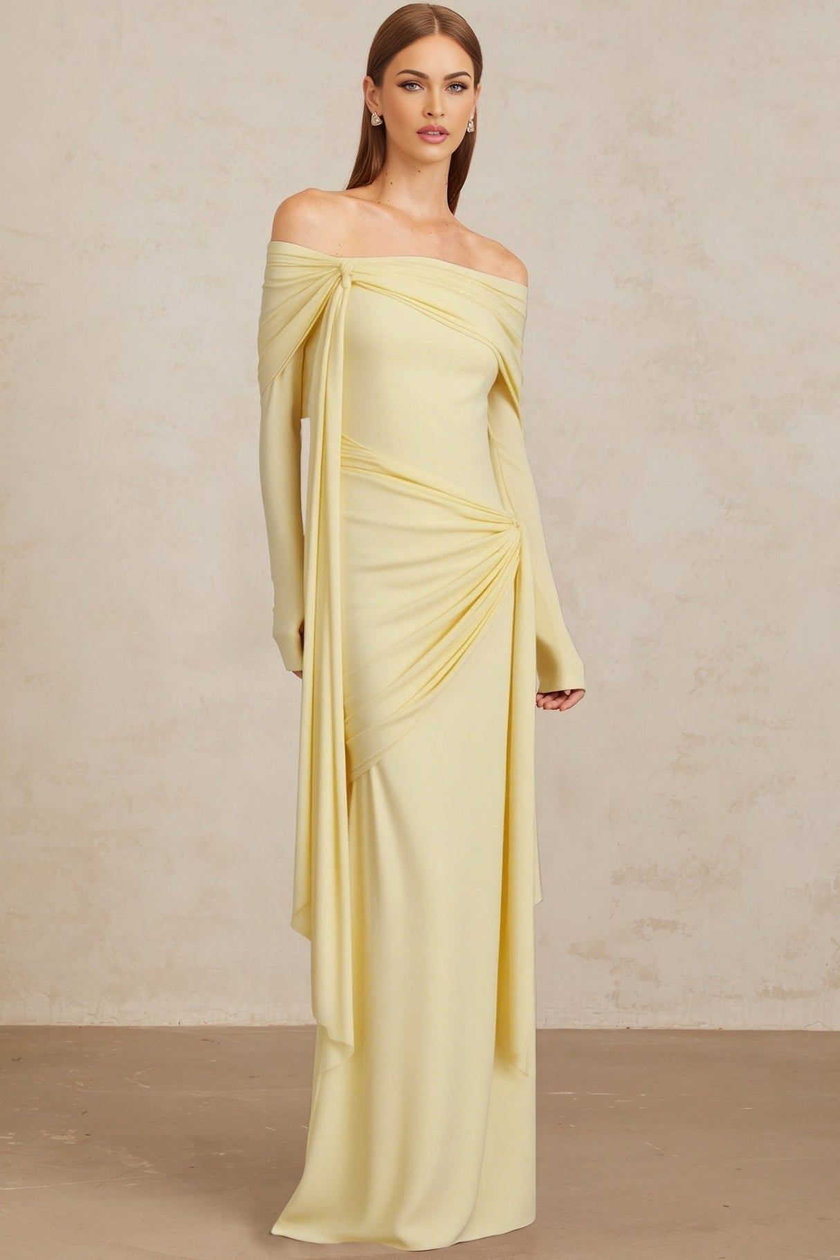 Rachel Gown - Off - Shoulder - Long Sleeves - Front Tie Detail - Pleated and Draped Detailing