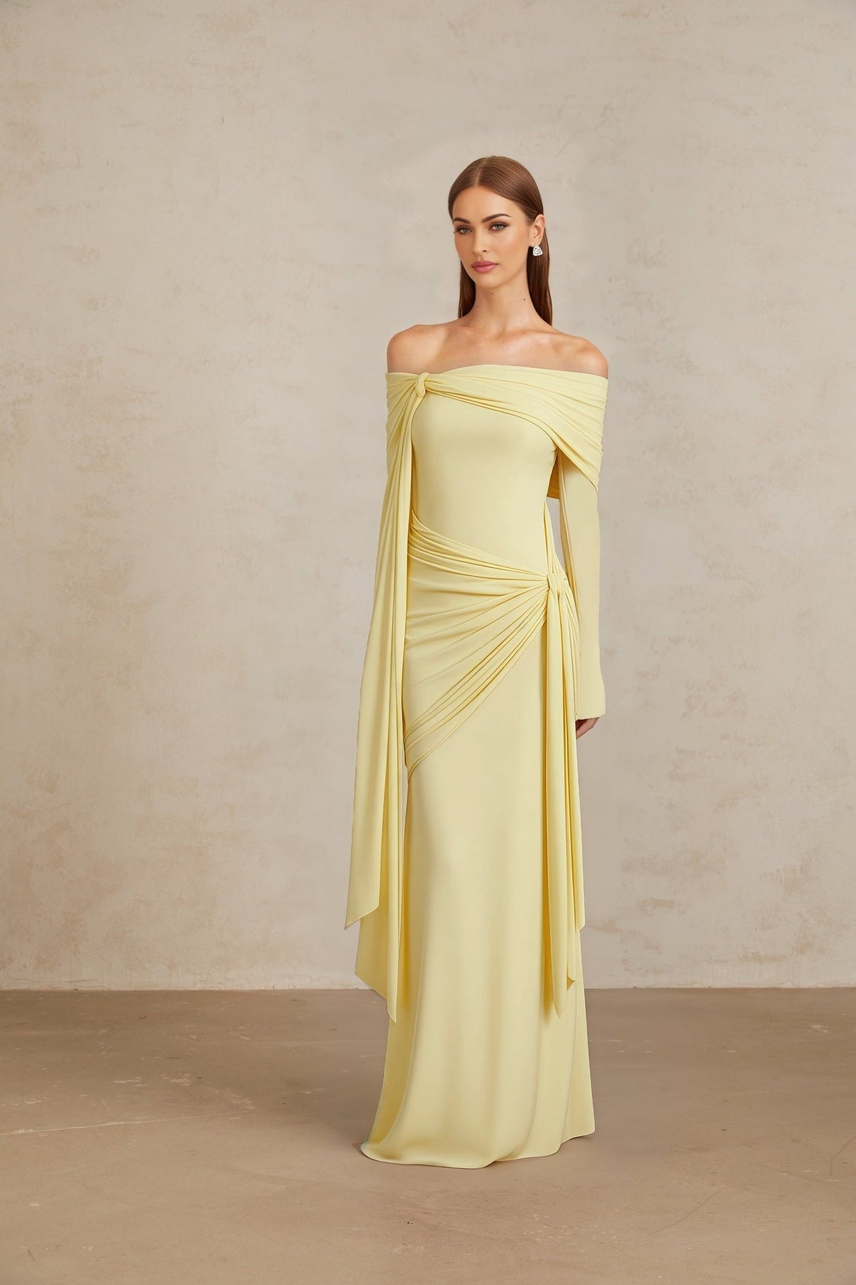 Rachel Gown - Off - Shoulder - Long Sleeves - Front Tie Detail - Pleated and Draped Detailing