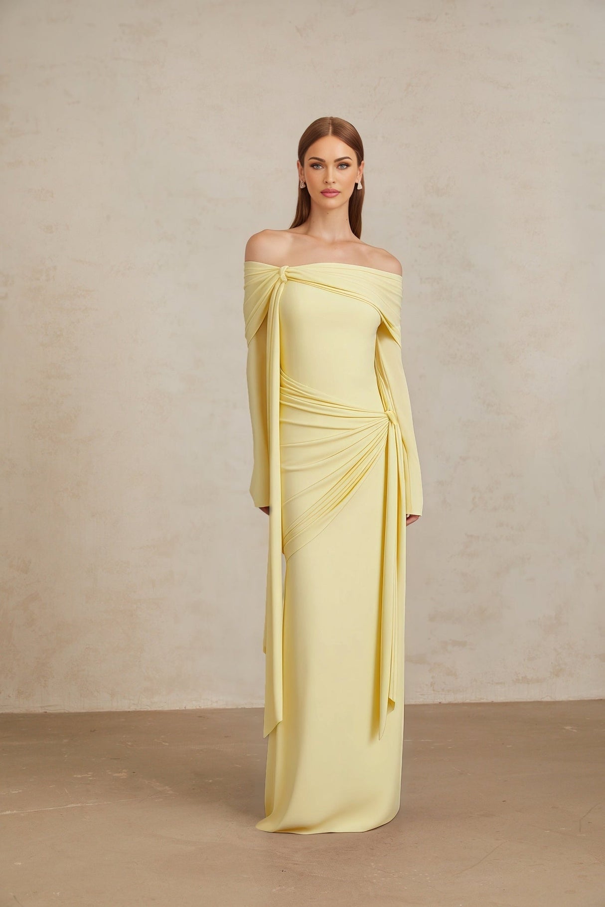 Rachel Gown - Off - Shoulder - Long Sleeves - Front Tie Detail - Pleated and Draped Detailing