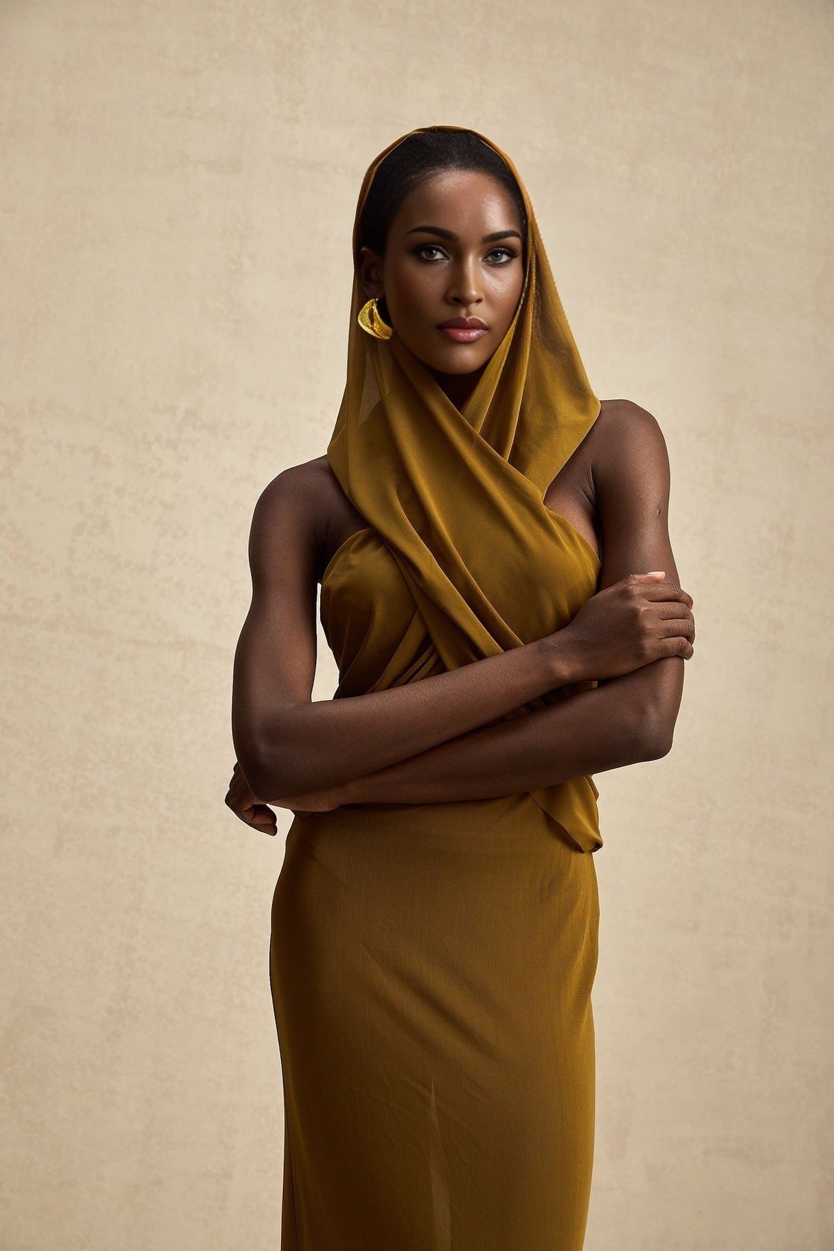 Rachel Maxi Dress in Vibrant Olive with Crossover Neck - Backless Design & Chic Hood