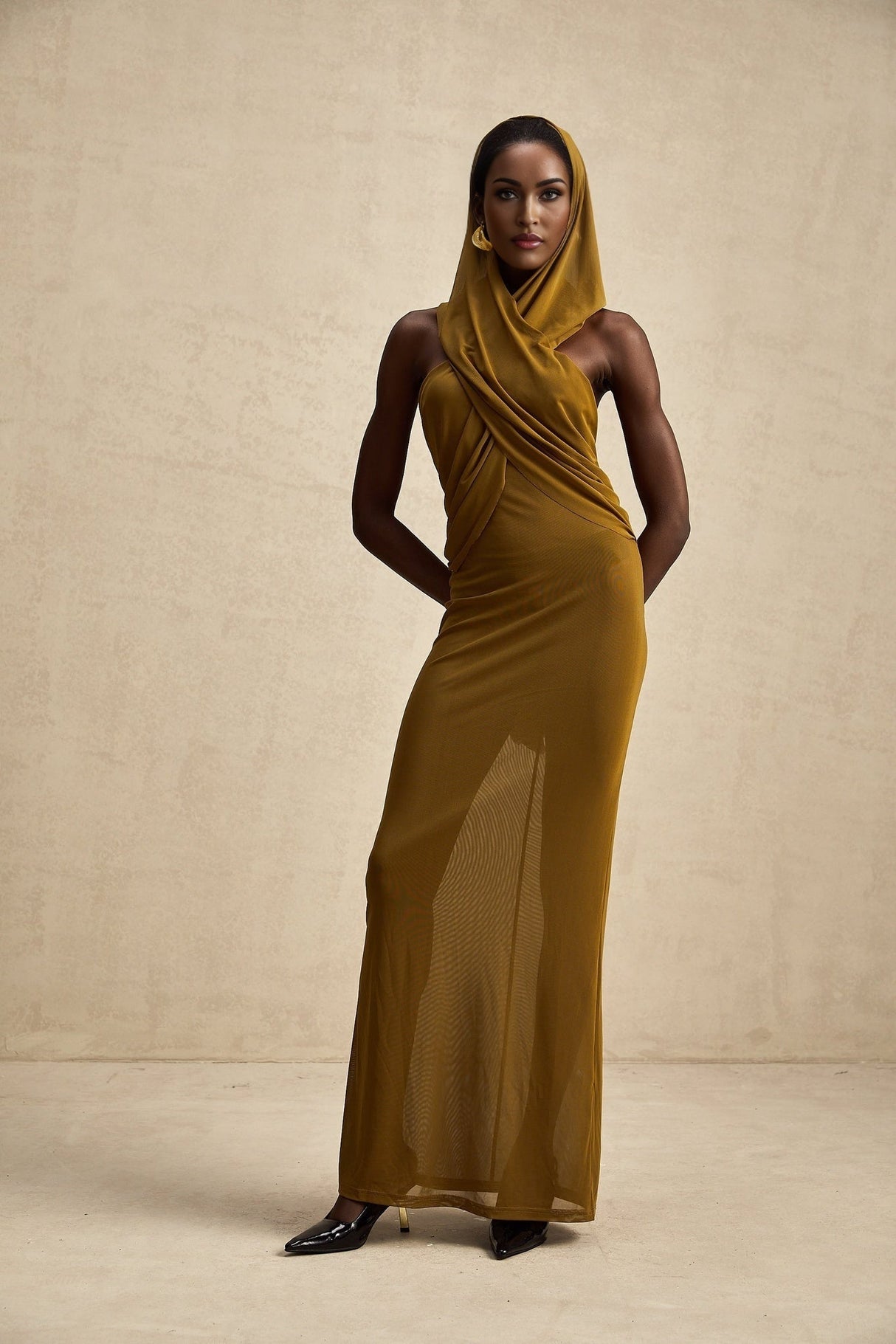 Rachel Maxi Dress in Vibrant Olive with Crossover Neck - Backless Design & Chic Hood