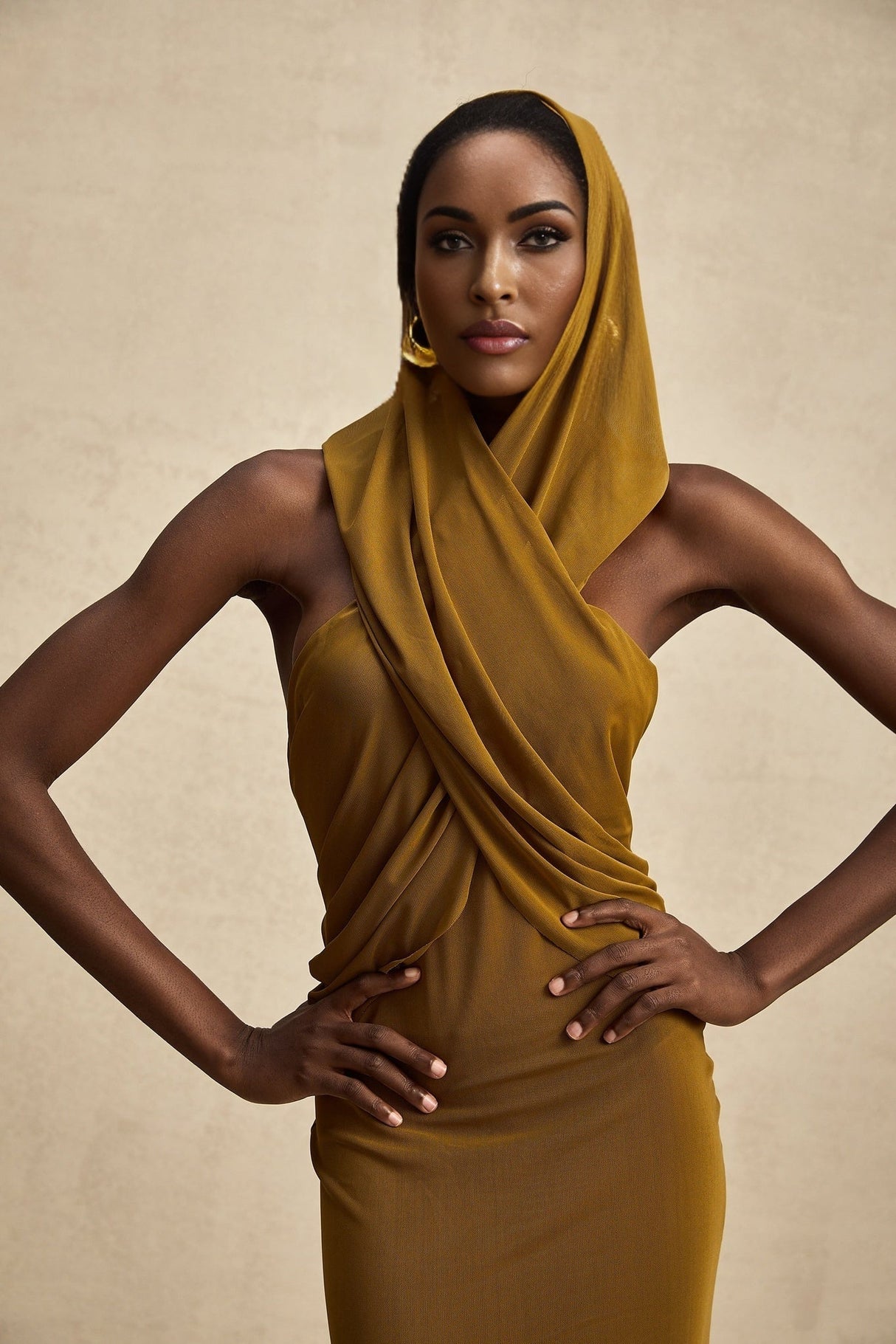 Rachel Maxi Dress in Vibrant Olive with Crossover Neck - Backless Design & Chic Hood