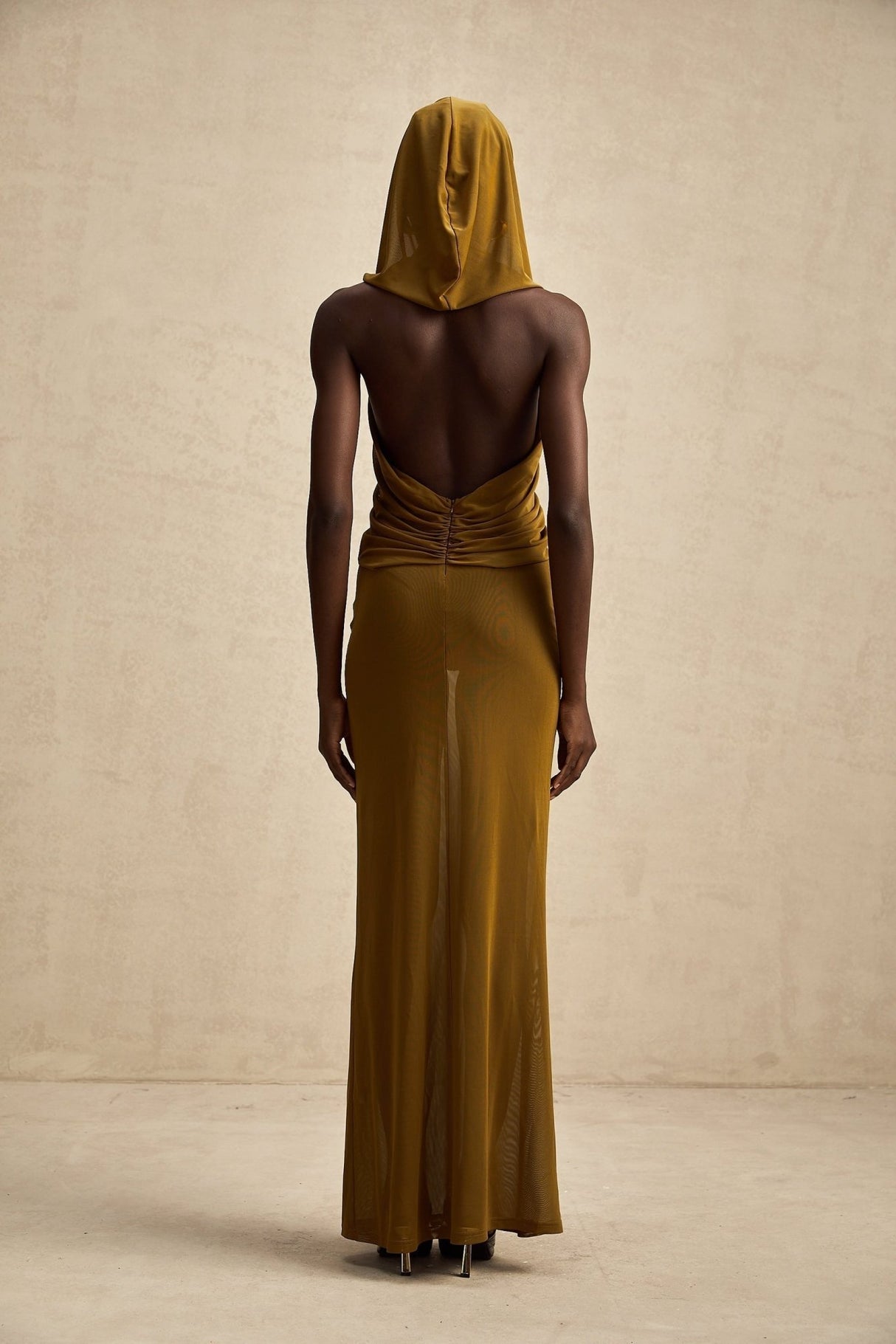 Rachel Maxi Dress in Vibrant Olive with Crossover Neck - Backless Design & Chic Hood